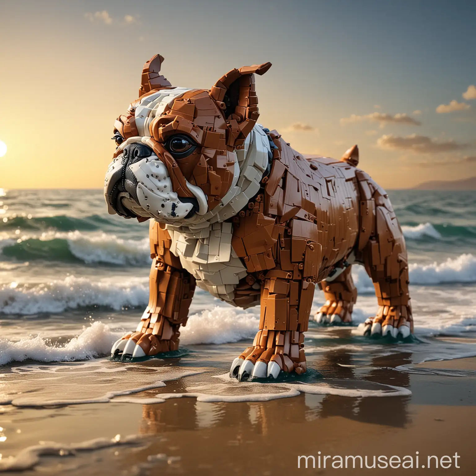 bull dog francés mirando al mar a contraluz hiperrealista, estilo Lego