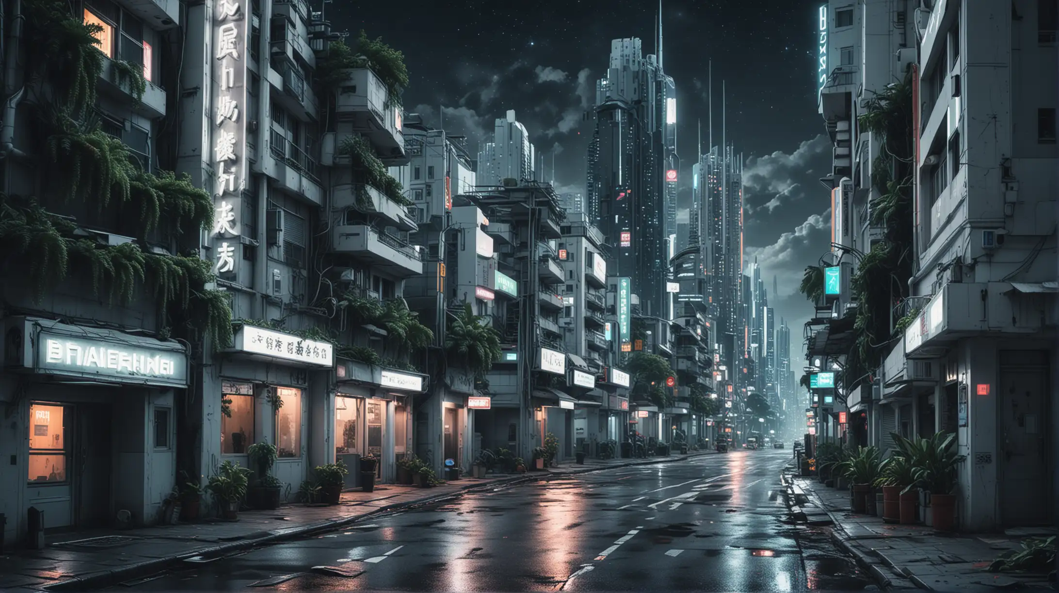 Beautiful cyberpunk cityscape street view, white buildings, neon lights, starry sky, empty streets, chrome and white skyscrapers, light greenery, no cars