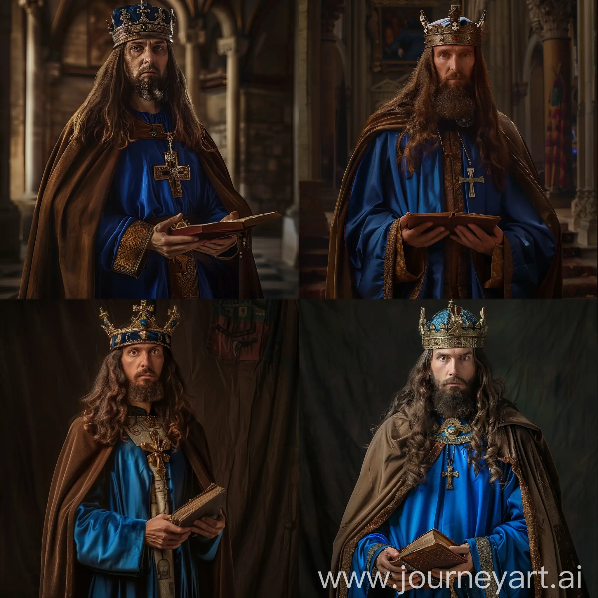 King of Hungary Stephen I, depicted in blue silk
robe and brown cape, wearing crown hat of hungary
with a small cross on it, long brown hair and
well shaped long beard, at his royal palace,
holding a medieval book and a cross in his
hands, cinematic lighting