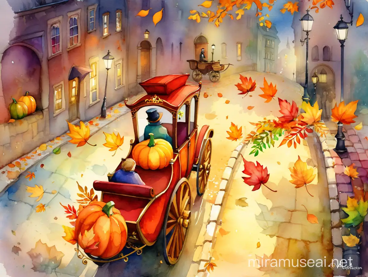 осень, город, старинный мостик, улицы мощенные разноцветными булыжниками, разноцветные листья, по улице едет карета с тыквами, watercolour style by Alexander Jansson