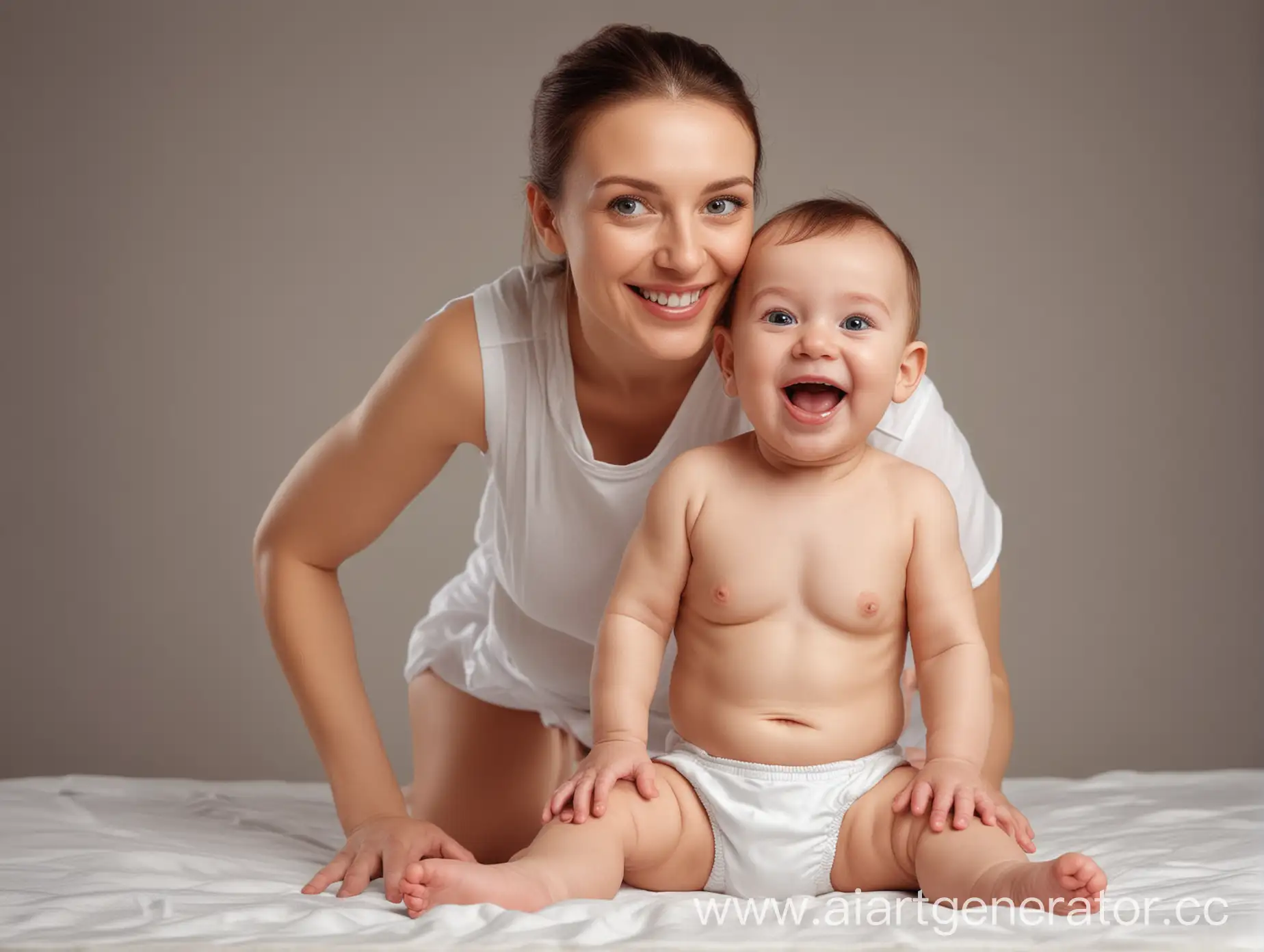 младенец в подгузниках с мамой веселый с необычной улыбкой реалистичная фото для баннера на сайт компании
