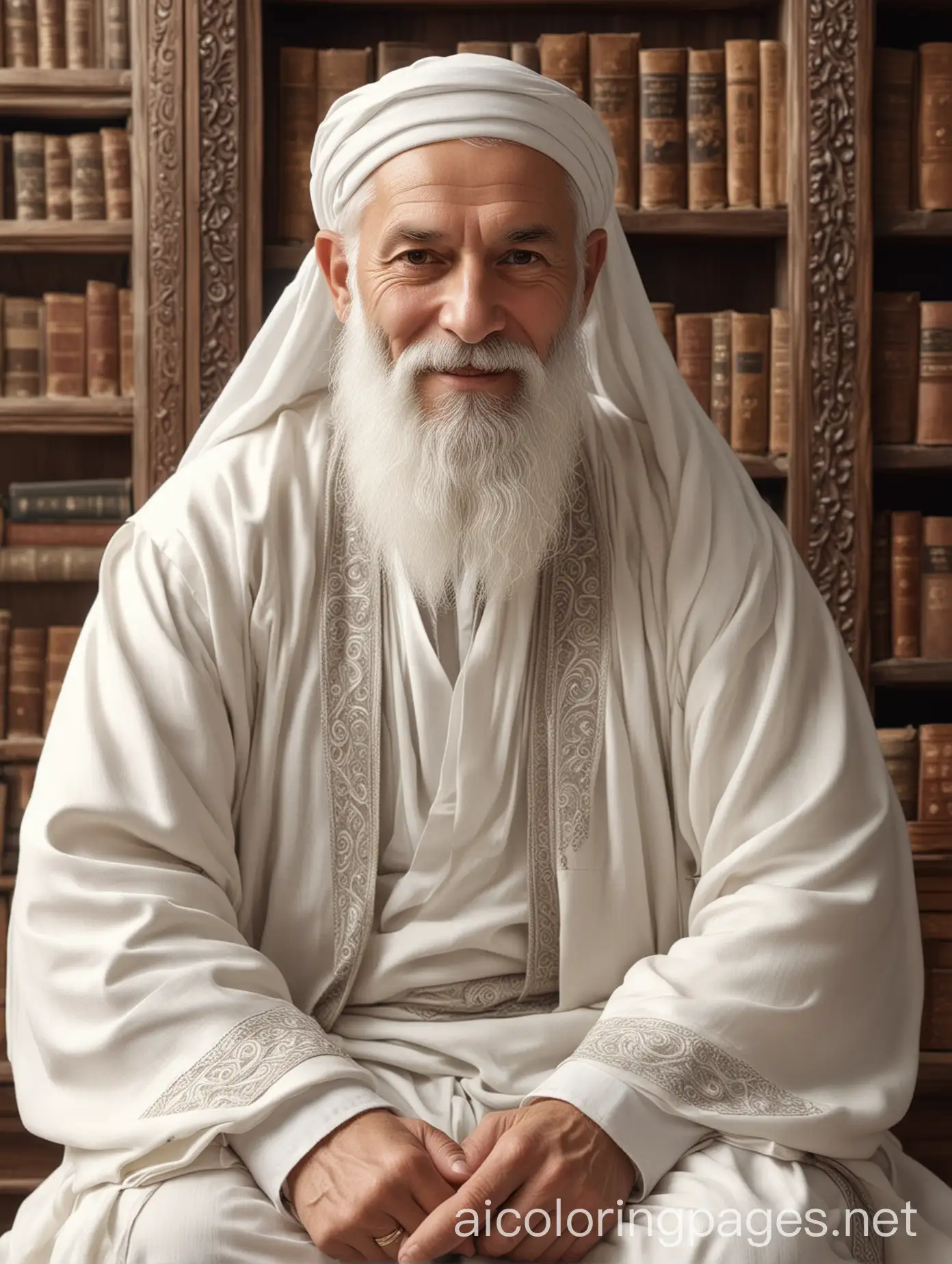 A wise middle-aged man from the Islamic era, with white skin and a long thick white beard, staring at the lens, smiling lightly, sitting in an old library, dressed in beautiful white clothes, very realistic, 4K, vintage, so that the whole body is visible. , Coloring Page, black and white, line art, white background, Simplicity, Ample White Space.