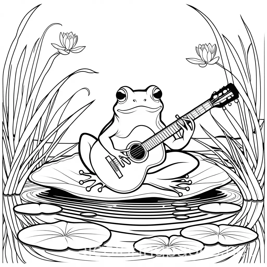 A frog playing a guitar on a lily pad in a tropical pond., Coloring Page, black and white, line art, white background, Simplicity, Ample White Space. The background of the coloring page is plain white to make it easy for young children to color within the lines. The outlines of all the subjects are easy to distinguish, making it simple for kids to color without too much difficulty