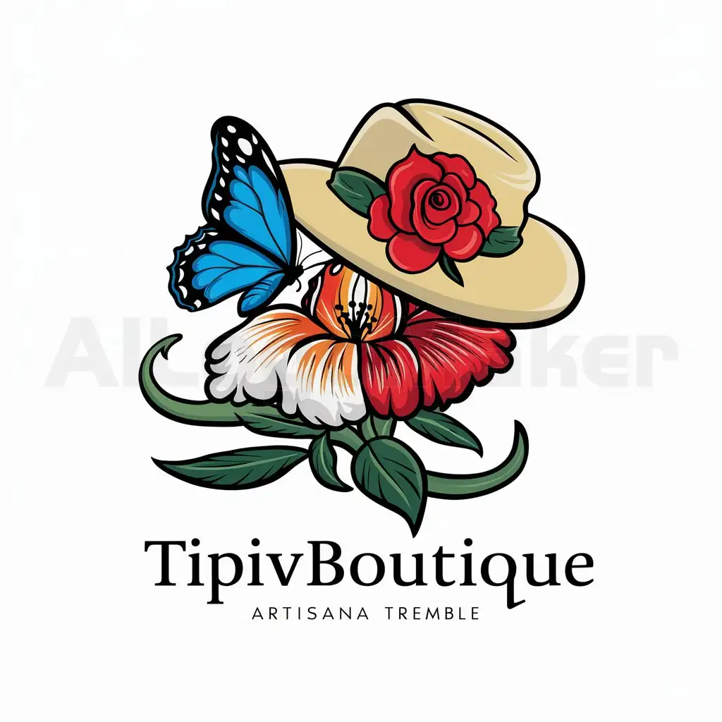 a logo design,with the text "TIPIVBOUTIQUE", main symbol:traditional Panamanian trembles in the shape of the Panamanian flower in the colors red, orange, white and blue, national butterfly with the color blue and black edges, a hat painted cream with a rose in red,complex,be used in artesania industry,clear background
