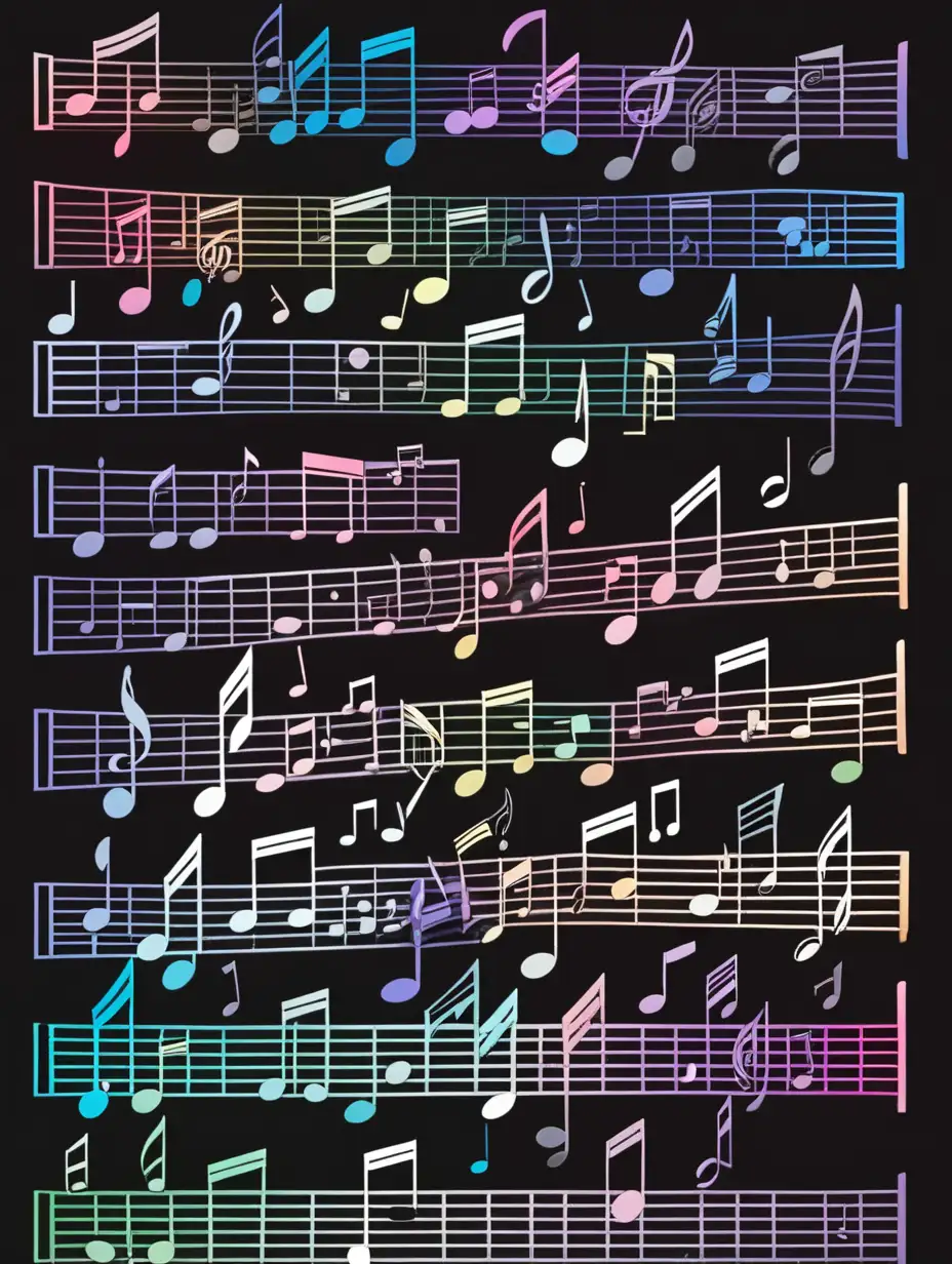 Vector illustration of large music notes drawn with a black line and inside painted with different pastel colors in bulk on a dark background