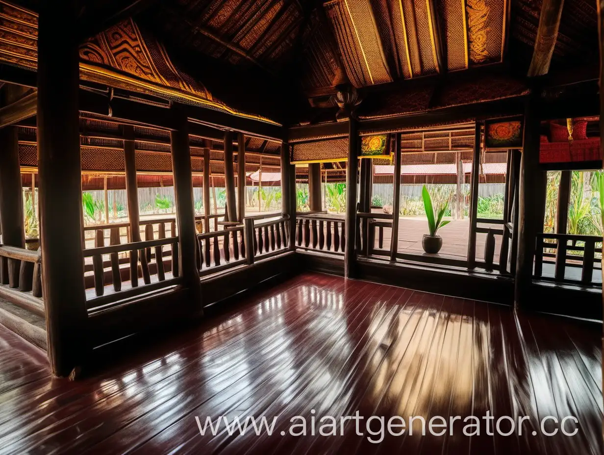 Интерьер древнего тайского дома, традиционный интерьер тайского дома, есть стены и окна, видно всю комнату, присутствует традиционный декор