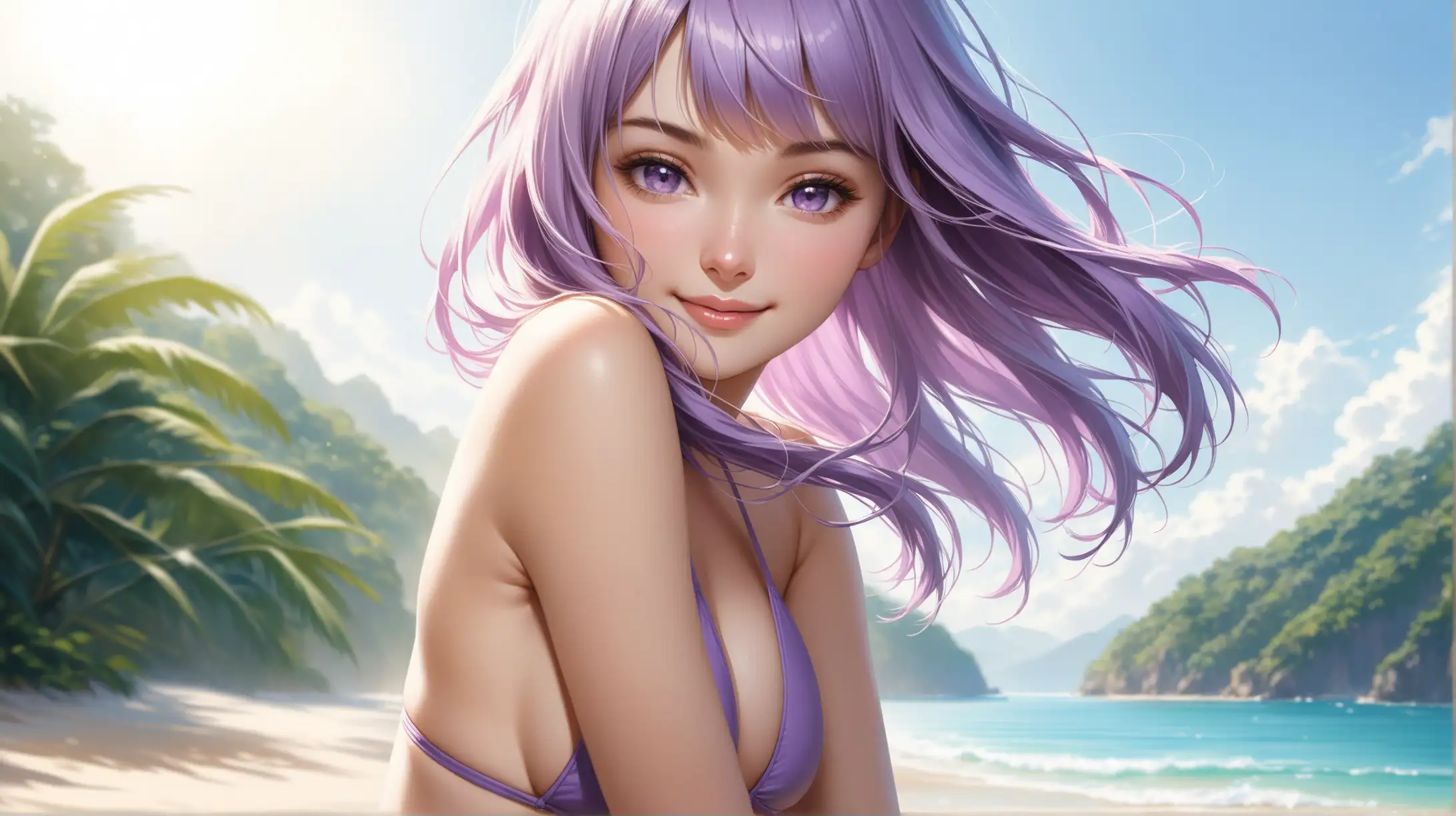 Draw a woman, shoulder length light purple hair, messy bangs framing her face, light purple eyes, petite figure, high quality, realistic, accurate, detailed, long shot, outdoors, full body, natural lighting, seductive pose, swimsuit, smiling at the viewer