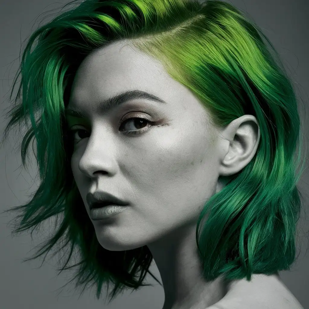 A closeup of a woman with a green hair taken with a Fujifilm X-T40, from a side view angle, with high detail and high resolution photography, photographed in the style of Wong Kar-wai. --ar 85:128 --v 6.0 --style raw