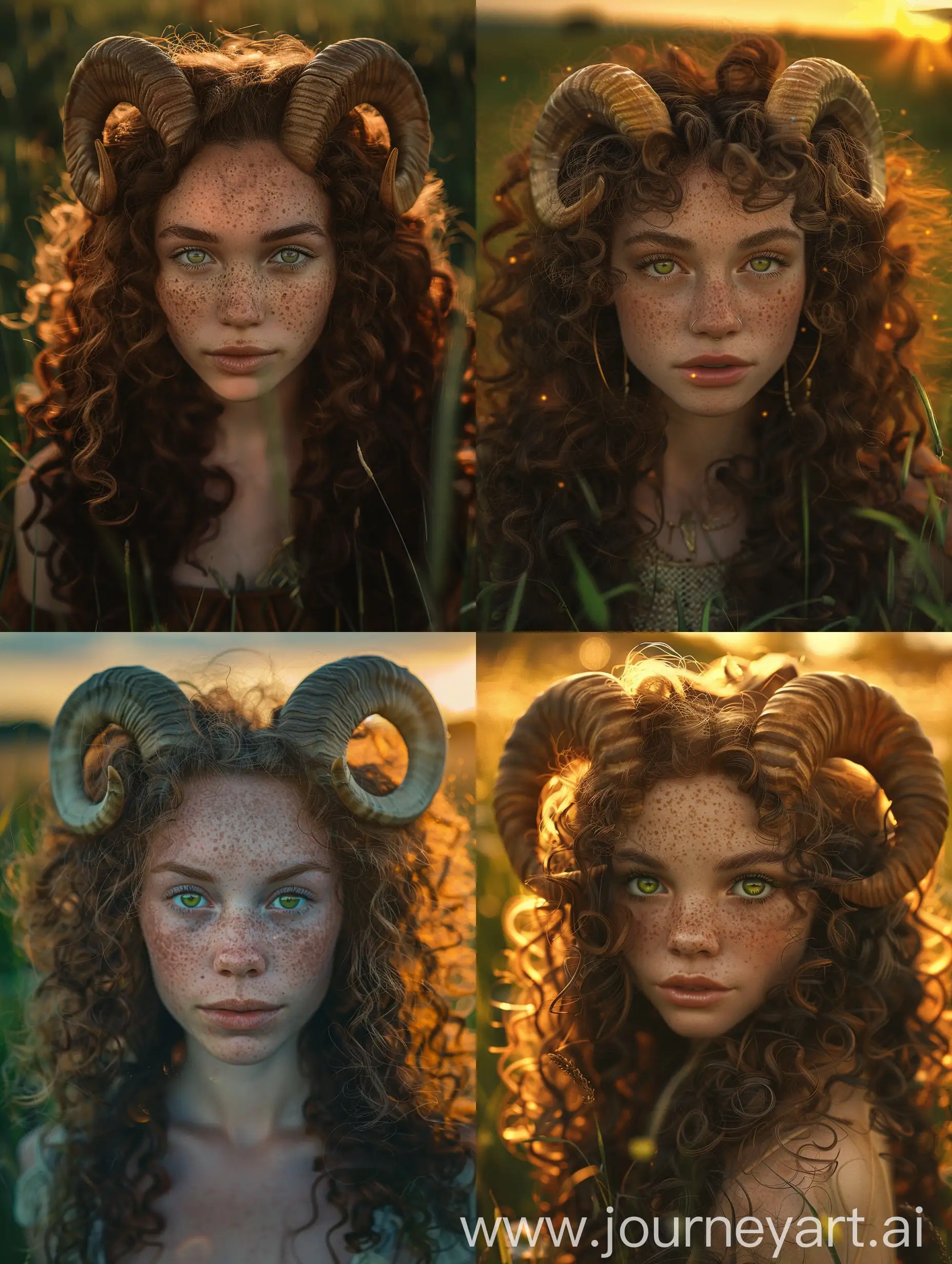 twenty year old satyr druid woman, long curly brown hair, ram horns, freckles, large green eyes with long lashes, lush meadow background, glowy sunset light, 70s camp aesthetic, movie aesthetic, boho hippy style