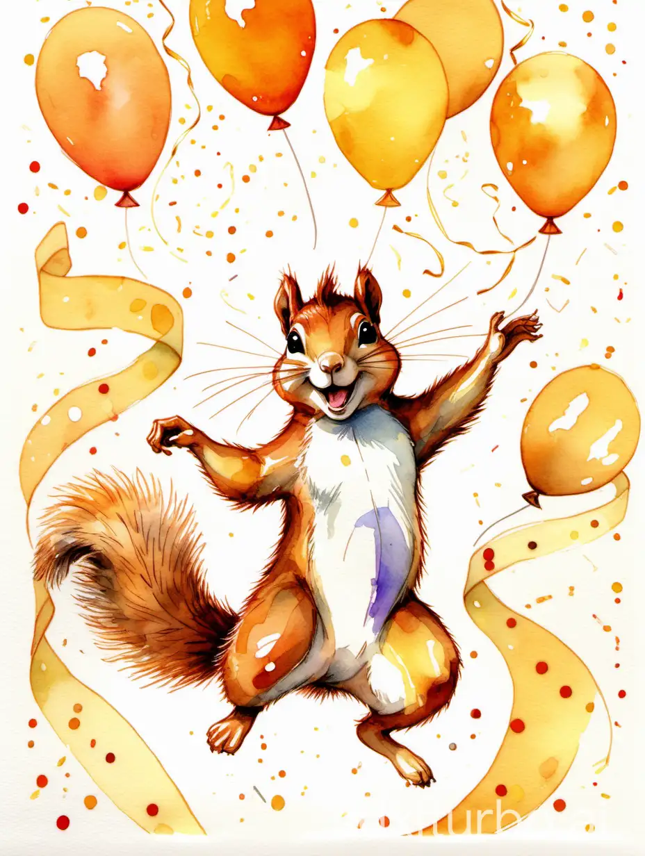 happy laughing squirrel dancing at a party,  balloons, paper streamers and garlands, confetti, magic lights in yellow, orange and gold, art nouveau style, aquarell 