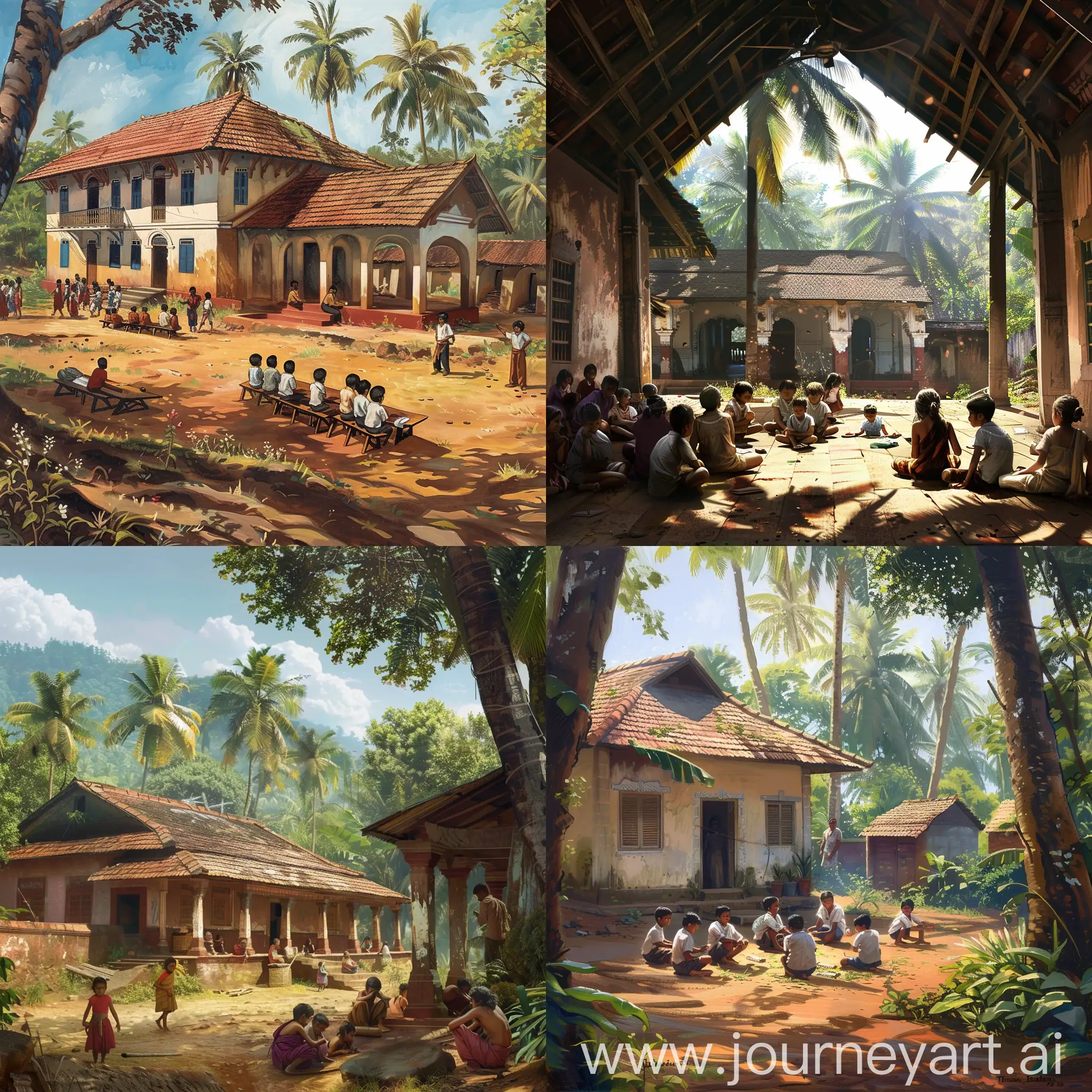 realistic image of old Kerala school with beautiful background and kids learning malayalam