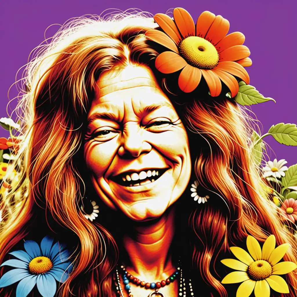 Janis Joplin Caricature Embracing Flower Power