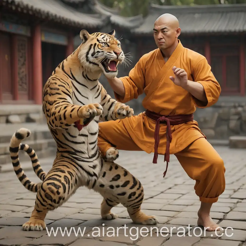 тигр в одежде монаха шаолинь. Леопард в одежде монаха шаолинь. Леопард наносит удар лапой в голову тигра