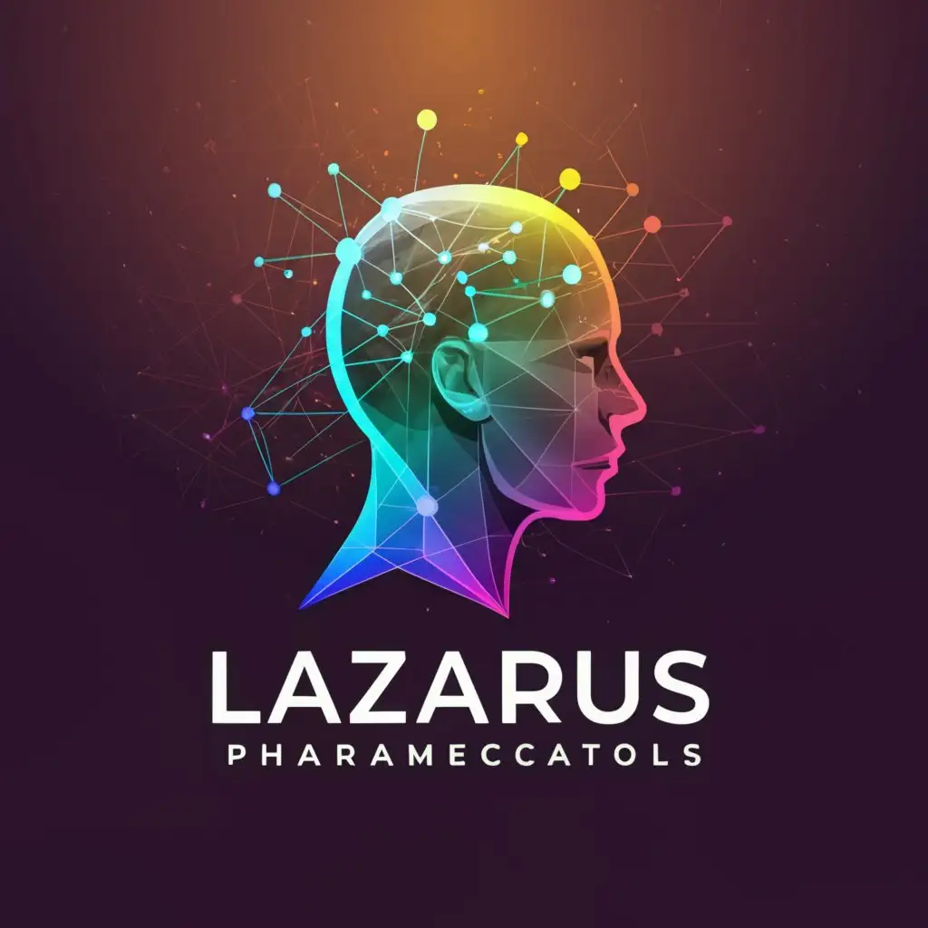 a logo design,with the text "LAZARUS PHARMACEUTICS", main symbol:FUTURISTIC FACE HUMAN BRAIN IA BRILLIANT NEURO CONNECTION FOSFORESCENTE LAZZARO,Moderate,be used in """
Others
""" industry,clear background