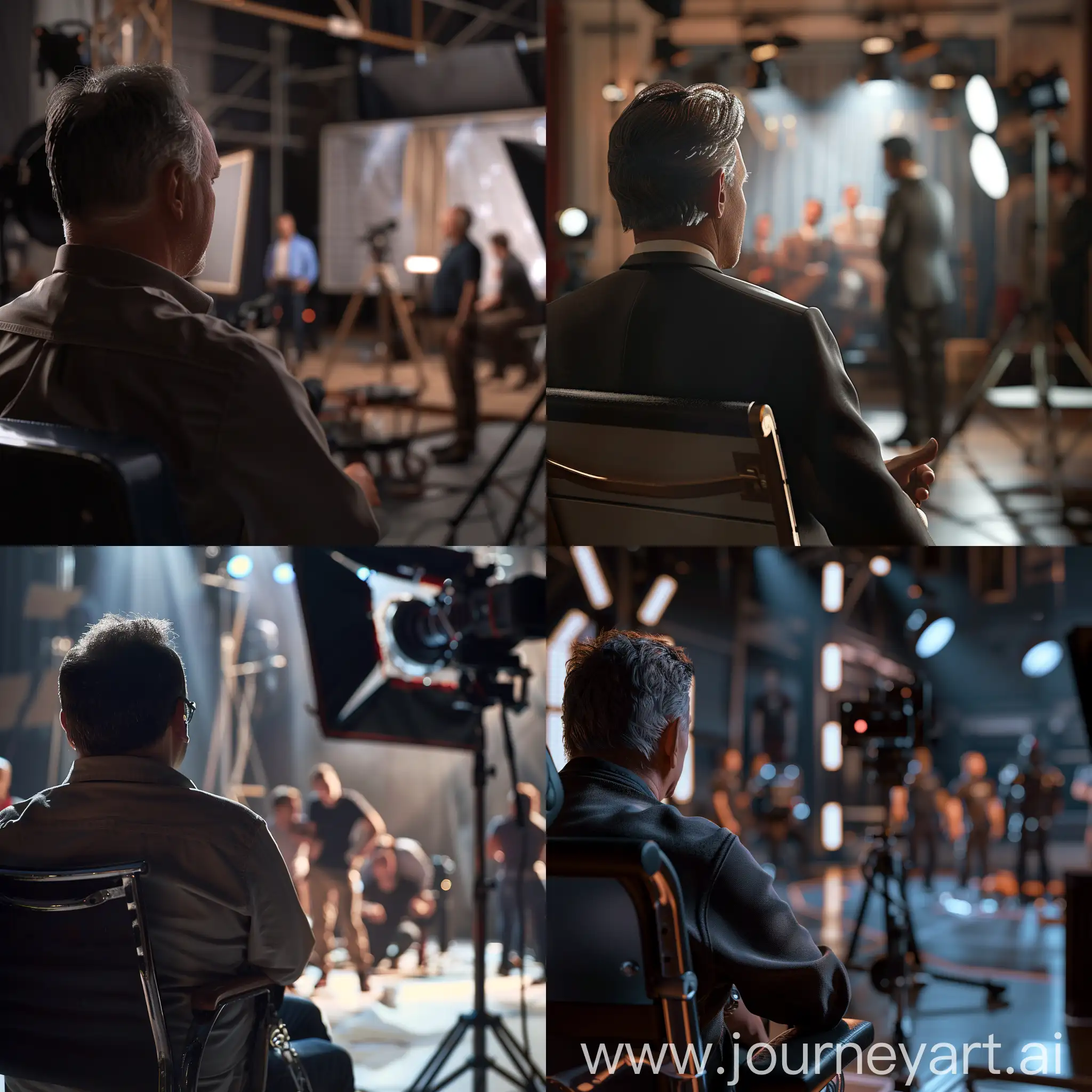 Movie set. The director in the director's chair looks towards the set where the actors are playing their roles.  Realistic. A clear correct focus. Full frame. 3D, HD, soft light, complex details, depth of field, Beautiful lighting. View from the side.