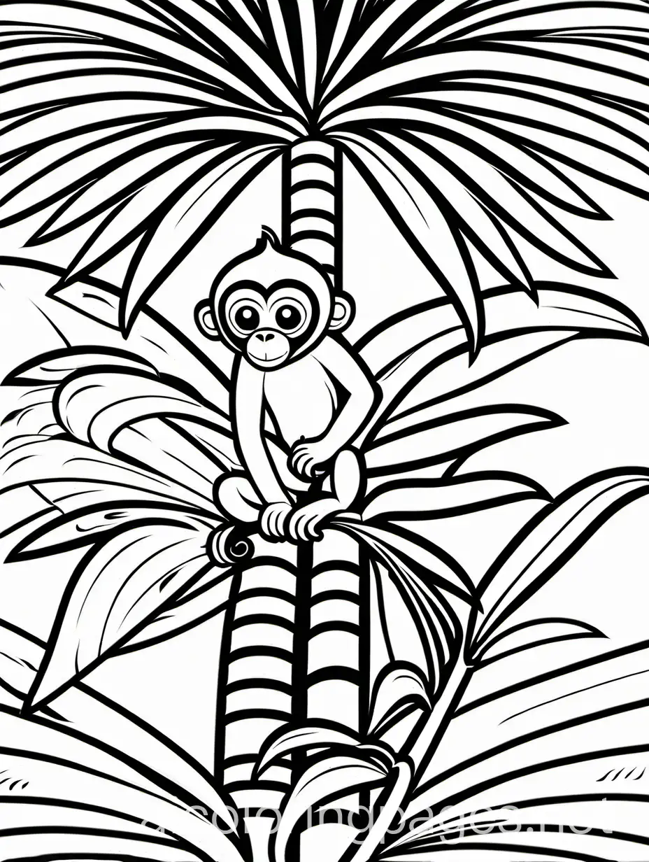 monkey in a palm tree with 7 bunches of bananas, Coloring Page, black and white, line art, white background, Simplicity, Ample White Space. The background of the coloring page is plain white to make it easy for young children to color within the lines. The outlines of all the subjects are easy to distinguish, making it simple for kids to color without too much difficulty