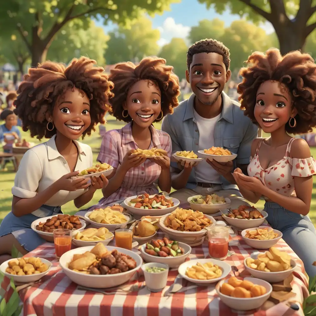 defined 3D cartoon-style several African Americans having a soul food picnic in the park smiling  