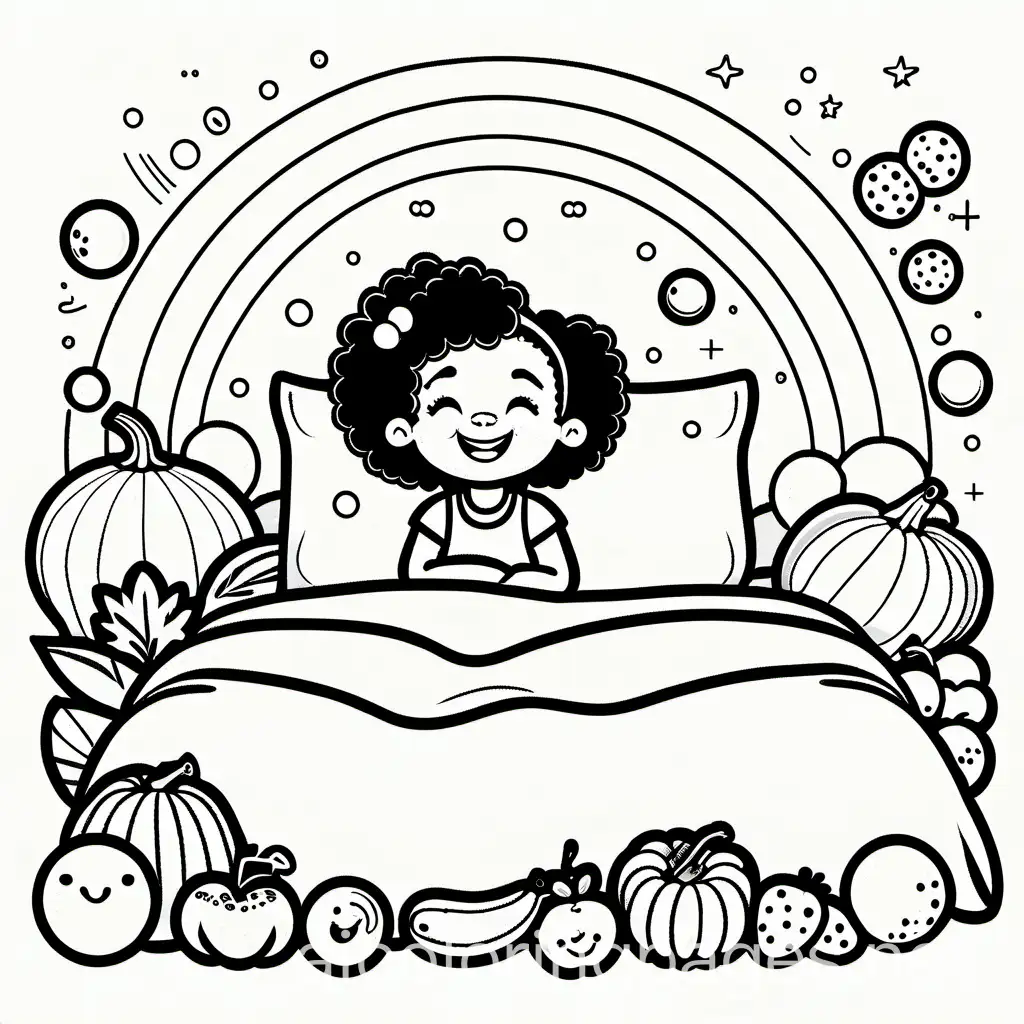 Happy-African-American-Toddler-Girl-Sleeping-with-Fruit-and-Vegetable-Dream-Bubble-Coloring-Page