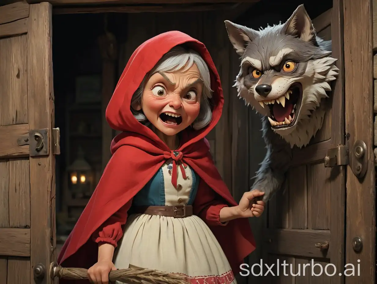 Grandma's cottage seemed a bit dark, with tightly closed curtains. Little Red Riding Hood cautiously knocked on the door, which slowly opened to reveal a 'Wolf Grandma' wearing a mask.