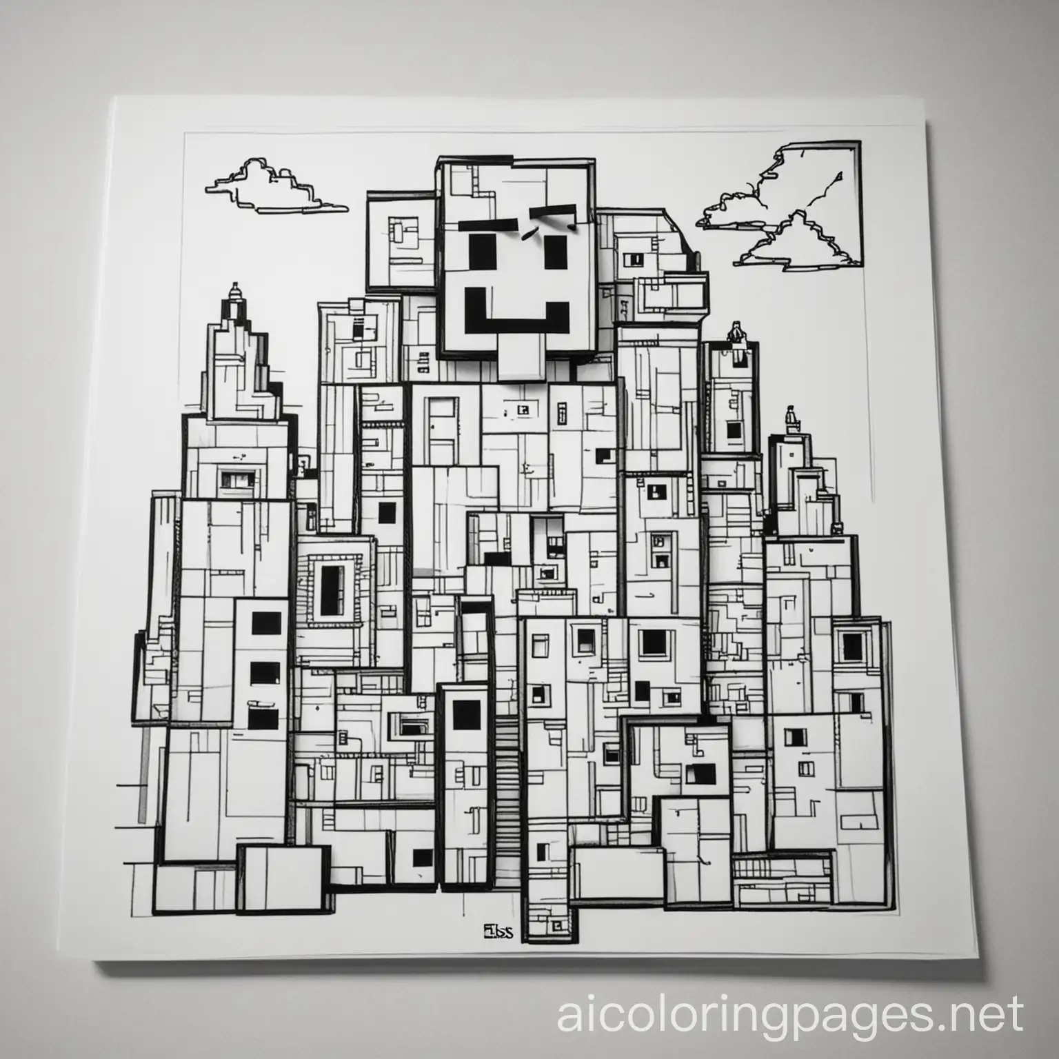 The Name Elis with a minecraft building, Coloring Page, black and white, line art, white background, Simplicity, Ample White Space. The background of the coloring page is plain white to make it easy for young children to color within the lines. The outlines of all the subjects are easy to distinguish, making it simple for kids to color without too much difficulty