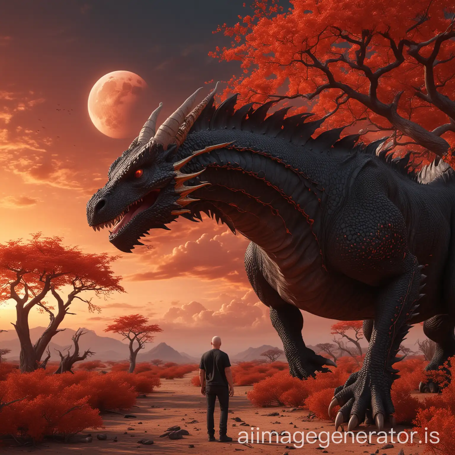 handsome (bald young man) on a (black dragon), fantastic surreal landscape, black and ash sky with red clouds, unusual ugly baobab trees with golden leaves, red ocean waves, dark botany, red moon, Ray Tracing Global Illumination,Optics, Scattering,Glow,insanely detailed and intricate,superdetailed
