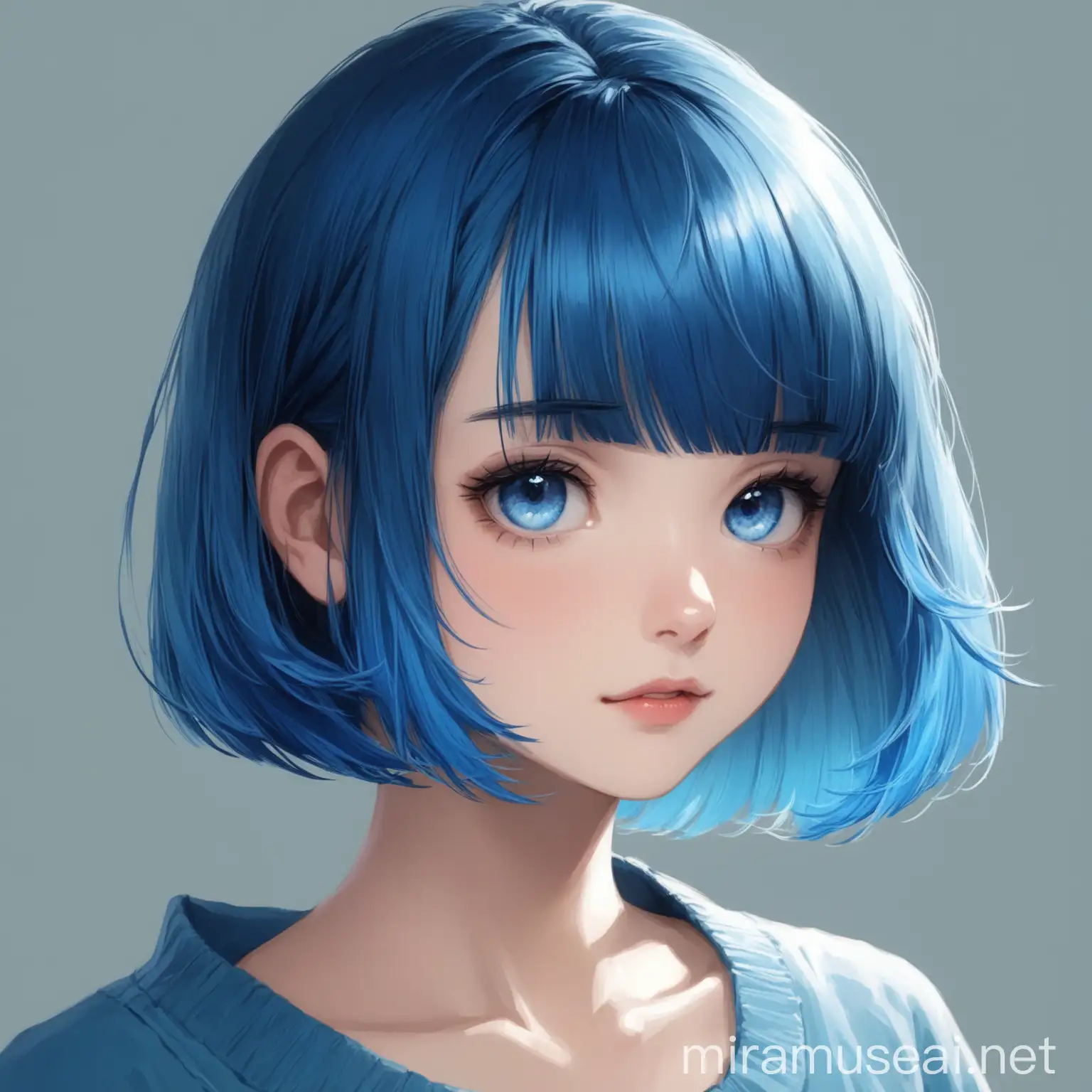 A pretty girl with short blue hair and bangs