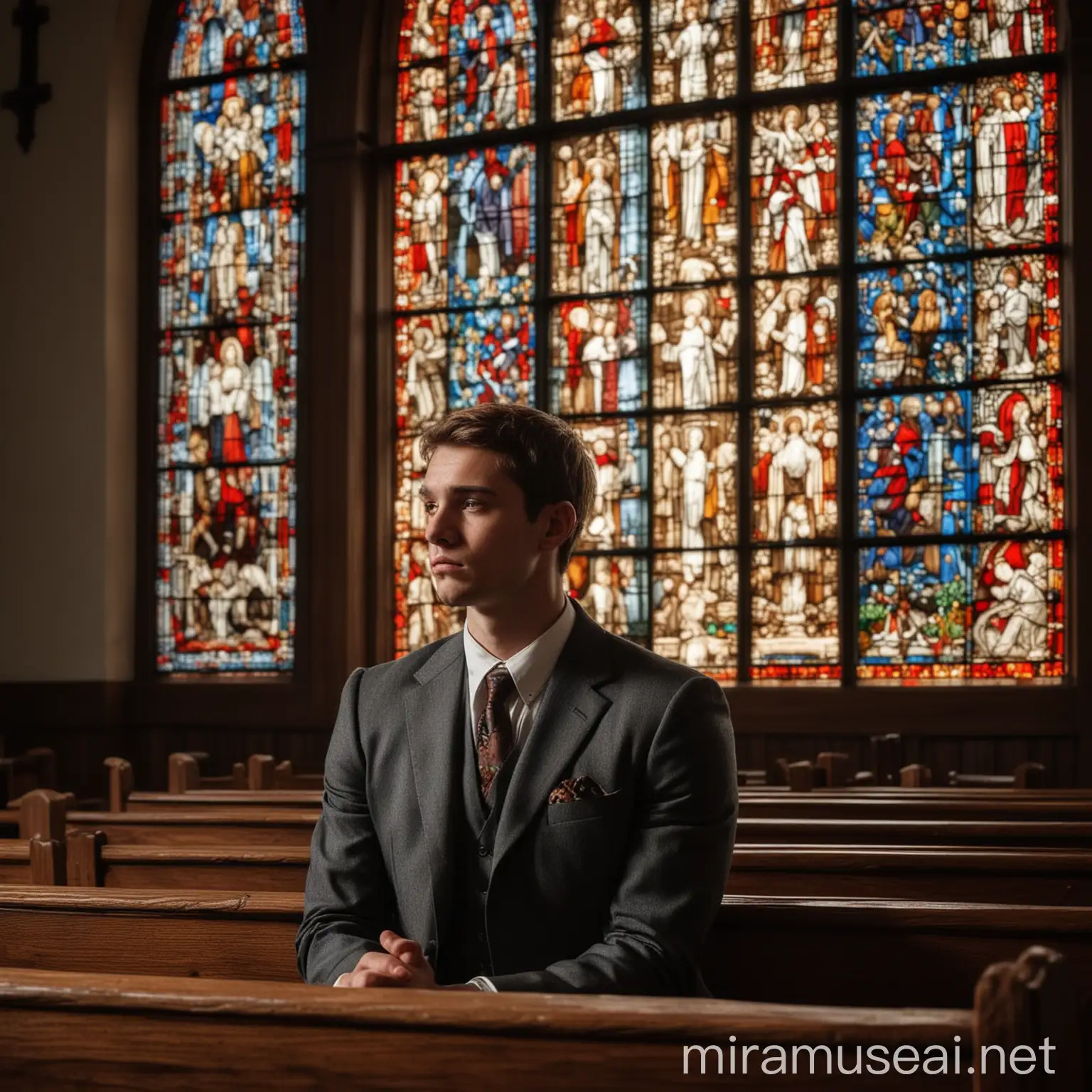 Create a visual arts artwork with a close-up view of a broad-shouldered 27-year-old man with brown hair, dressed in a formal suit, sitting in one of the wooden seats of a dark church. The man should be positioned towards the center of the composition, filling the frame to showcase his tired expression and weary posture. The stained glass window on the left side of the photo should be partially visible in the background, casting colorful patterns of light across the man's figure and the church interior. The white and wooden details of the church's interior should also be prominently featured, adding to the atmosphere of reverence and introspection. The close-up perspective should capture the man's emotional numbness and fatigue, emphasizing the inner turmoil and contemplative mood of the scene.