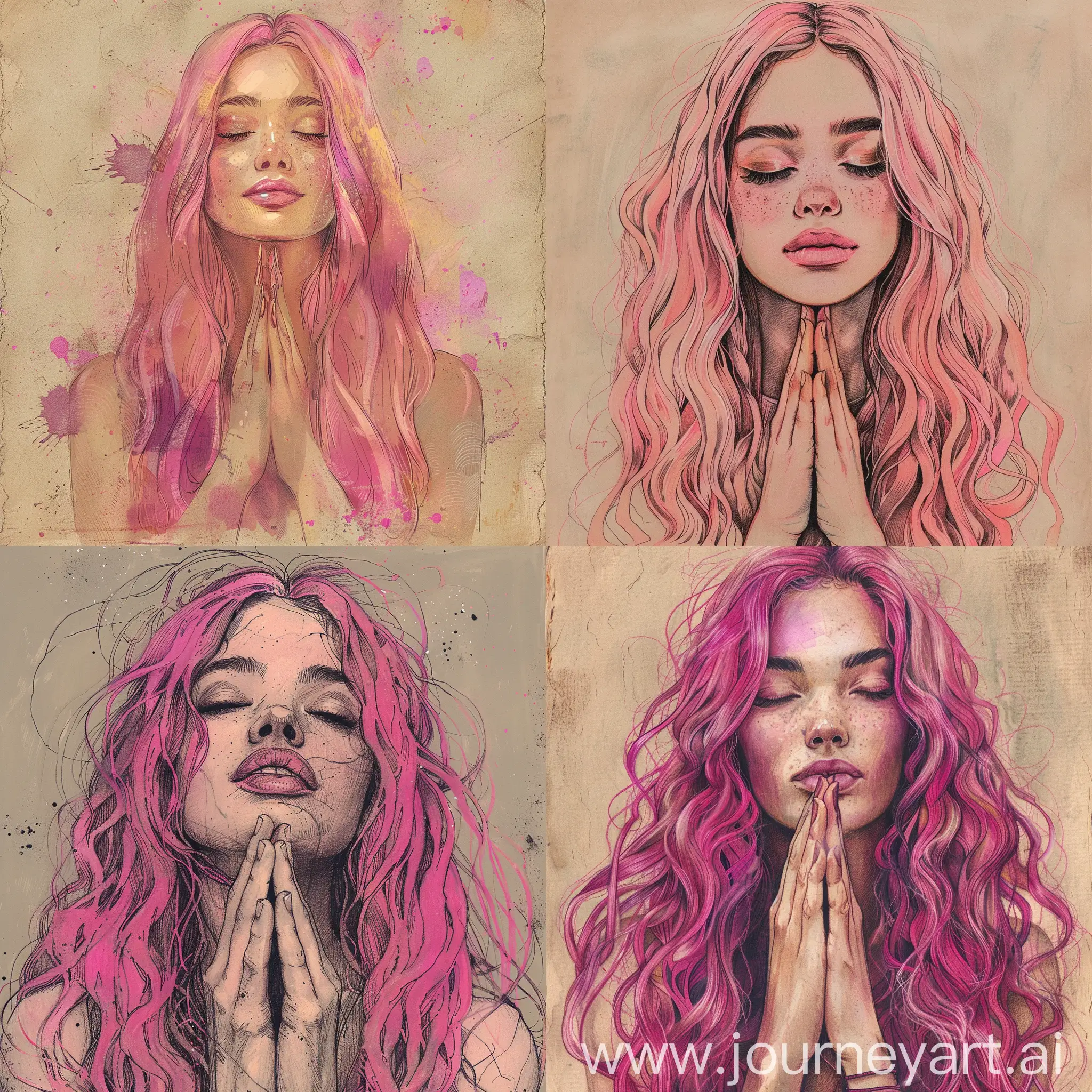 a hand drawn, in ink, image of a beautiful woman with long pink color hair,((she is meditating))((hands in prayer position))lashes, and eyebrows have a ultra realistic wet look.,textured skin and hair. ((dark beige pastel color background)), ultra-realistic ink art.