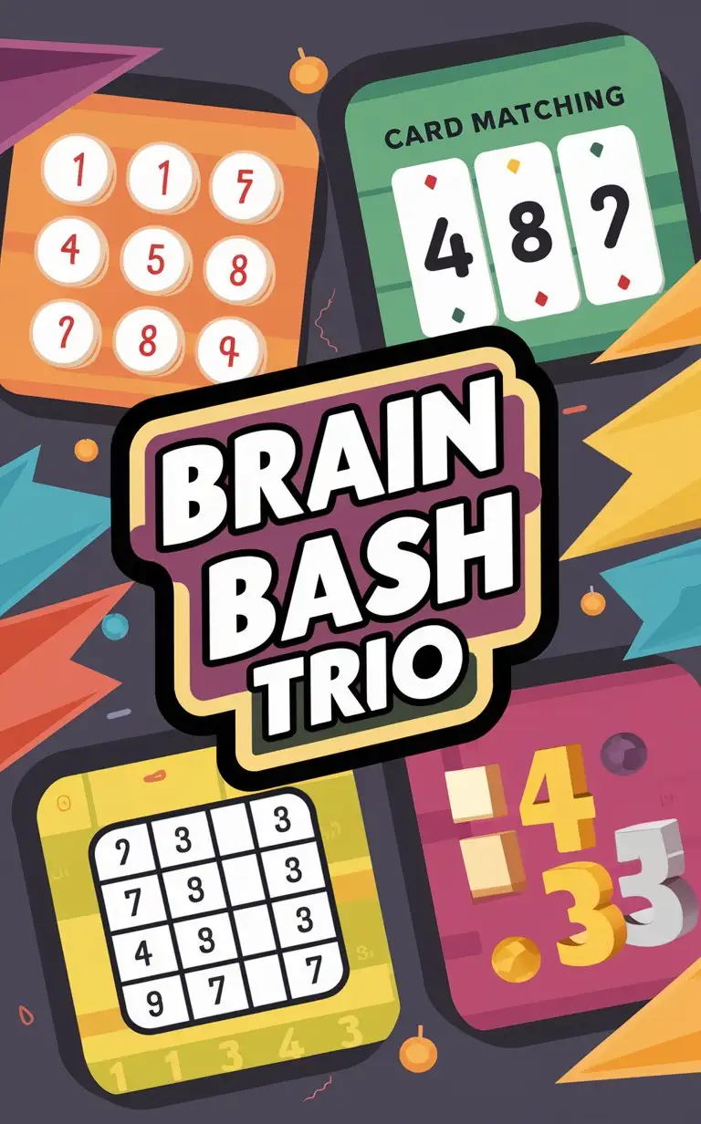 Фон для приложения "Brain Bash Trio", где есть три игры: математические задачи, совпадение карточек и игра в числа, коротко, креативно