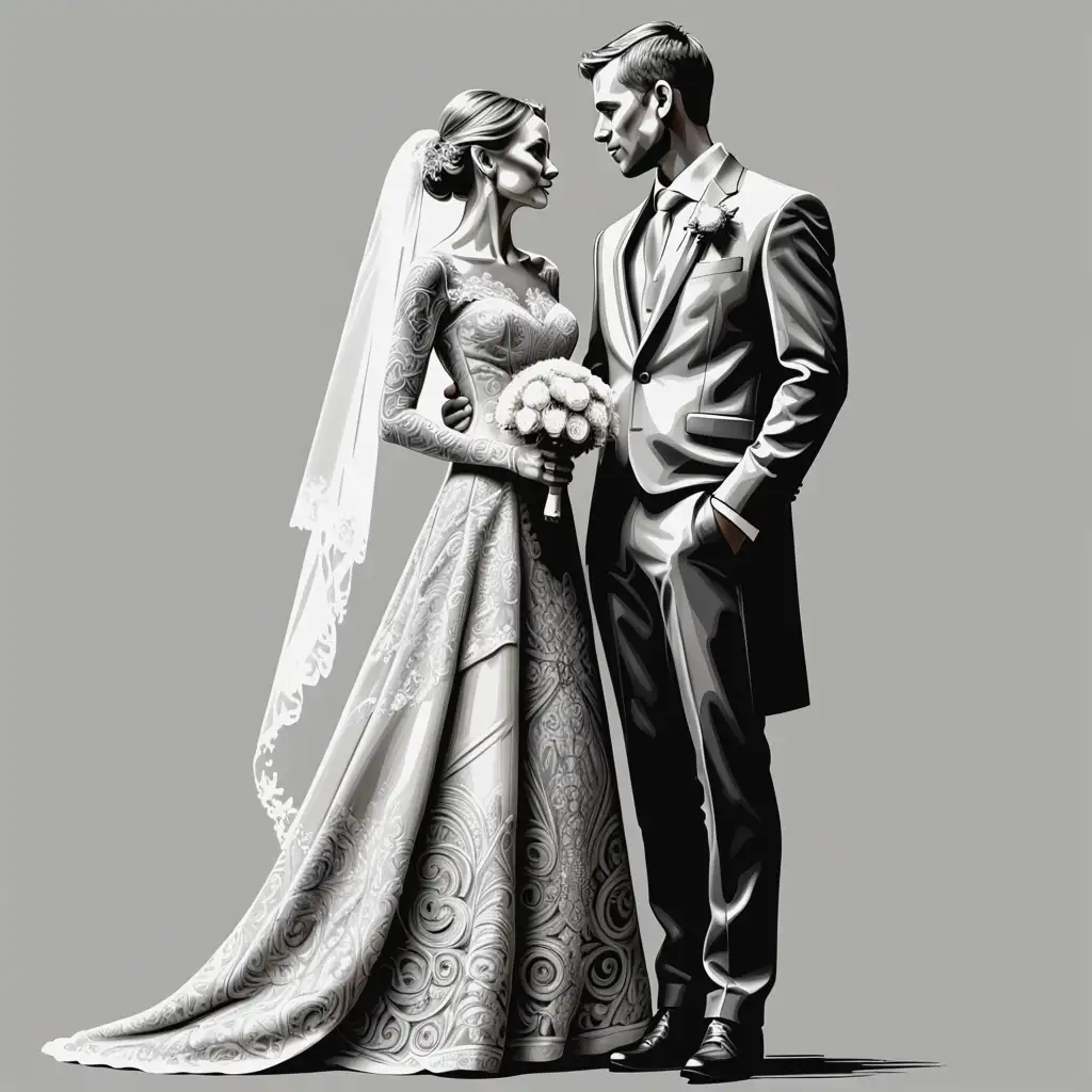 Wedding Couple Gazing Tenderly Detailed Gray Drawing on Blank Background