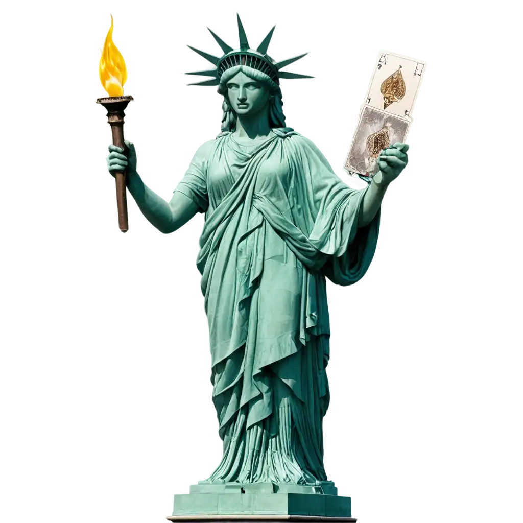 Lady Liberty holds a torch in her left hand and raises a playing card in her right.