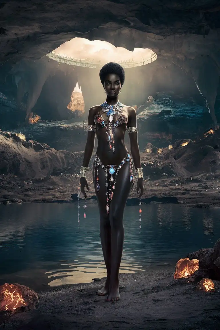 Adorned-Black-Girl-Standing-by-Glowing-Lake-in-Pirates-of-Mars-Cave
