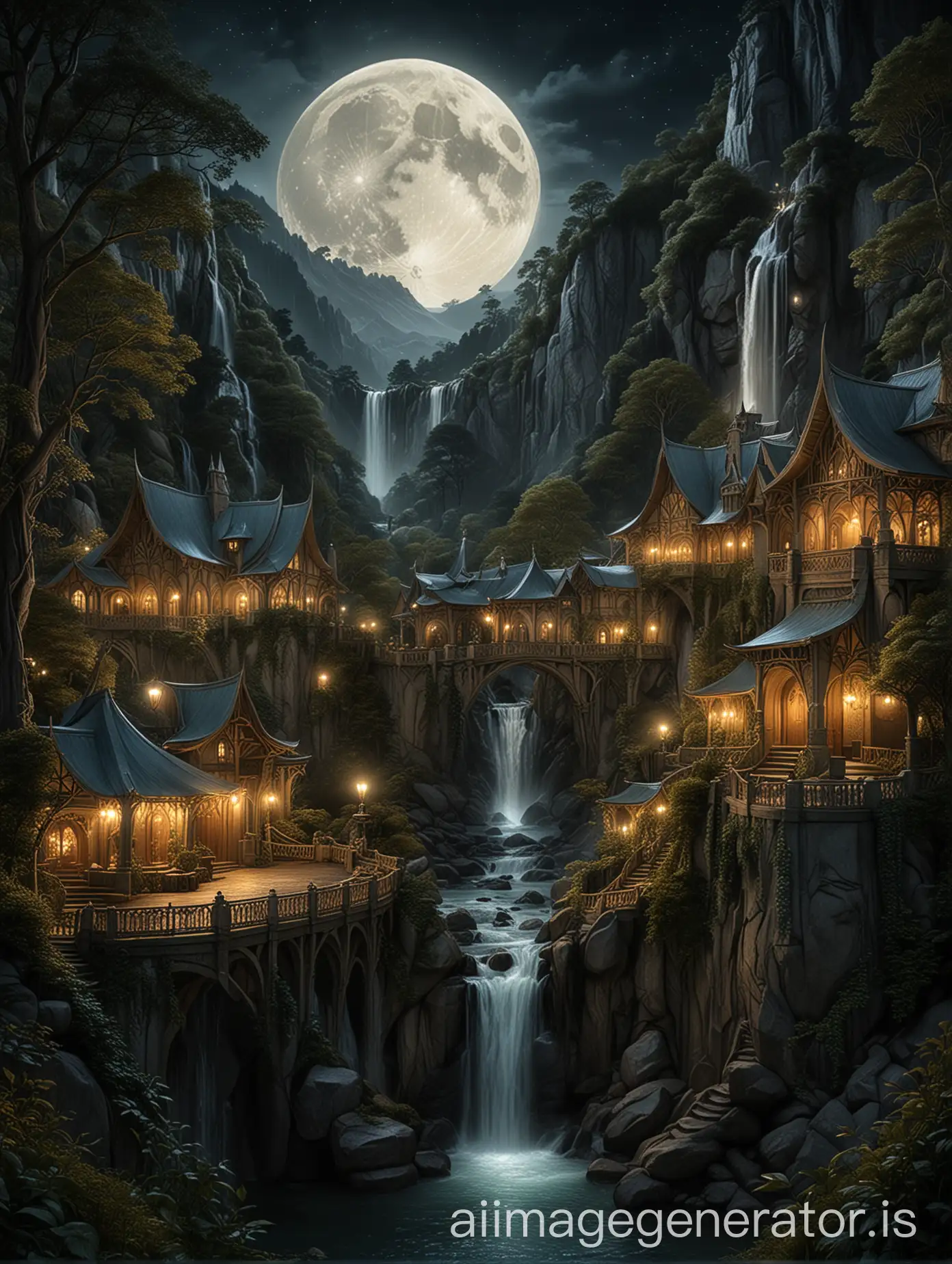 Rivendell illuminated by moonlight, with elven buildings glowing softly at night, waterfalls shimmering under the moon's glow, and a serene and mysterious atmosphere