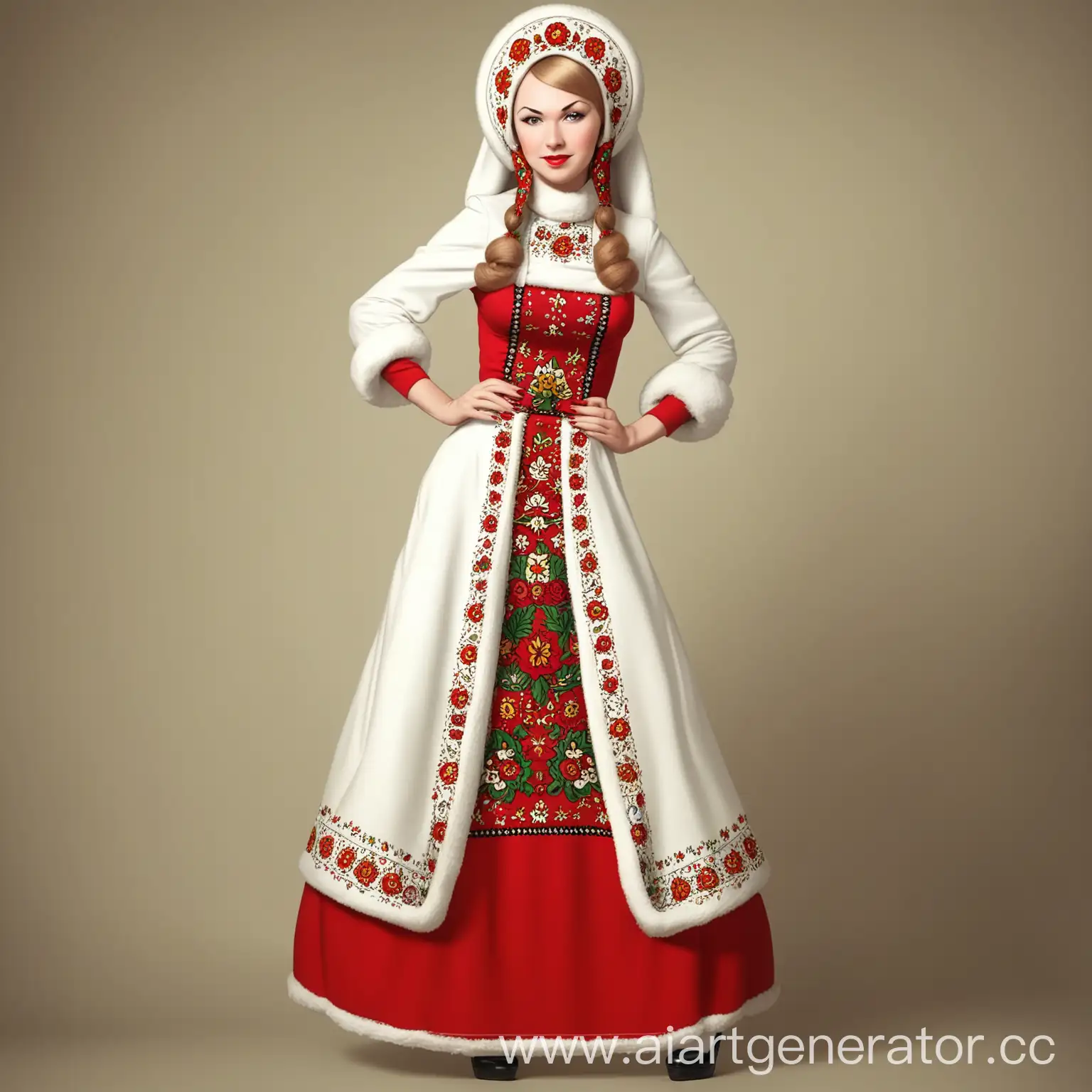 Русская женщина в кокошнике в полный рост в стиле пин-ап. Сладкония
