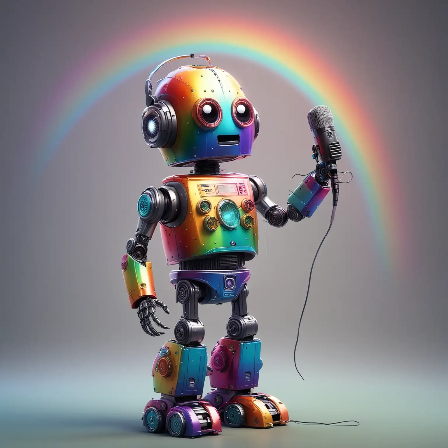 A rainbow colored robot singing karaoke 