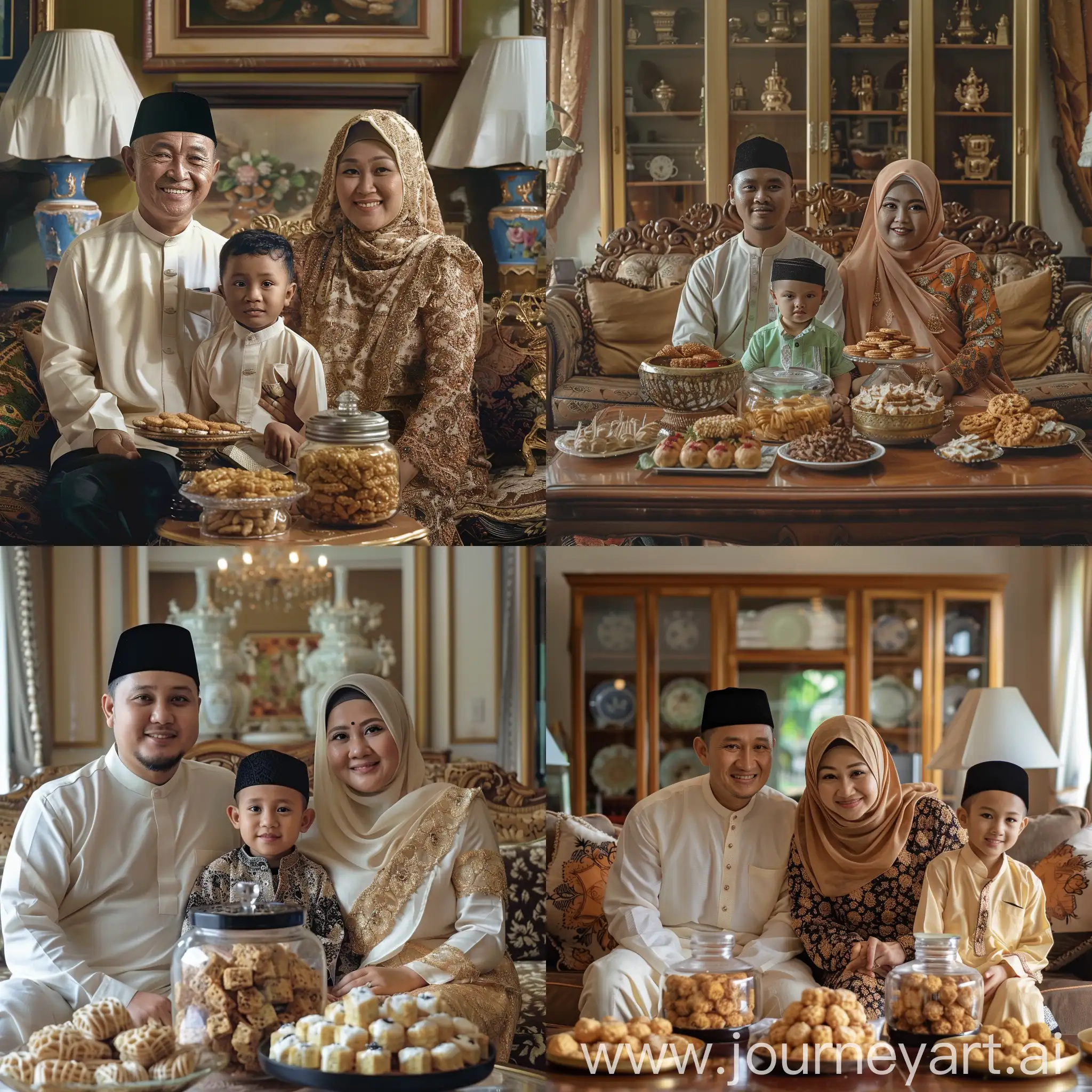 very realistic photo, photo of an Indonesian family, an Indonesian man wearing a white Koko shirt and black skullcap, a woman wearing a large hijab and loose clothes, sitting together on a beautiful sofa, and in front of her there are lots of dry cakes in a jar. and a fat boy aged 11 years old, while each of them gives a greeting with both hands held together in a typical Hindu greeting, smiling, background in the living room with a luxurious wall, Realistic photo