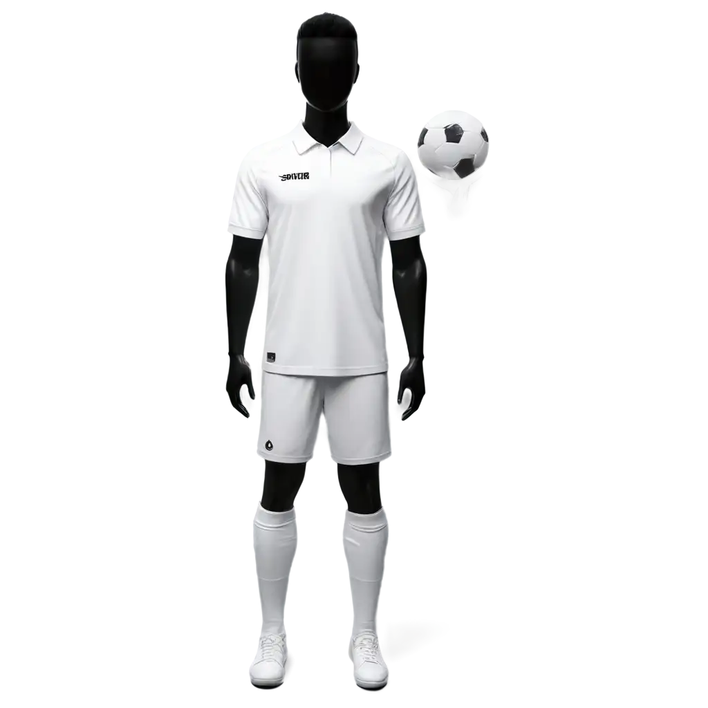 a set of realistic soccer jerseys in all white with a classic collar. front and backside. short sleeves. full body black mannequin.