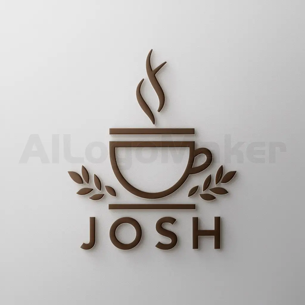 a logo design,with the text "josh", main symbol:coffee cup that is being poured out with steam coming from it surrounded by tea leaves,Minimalistic,clear background