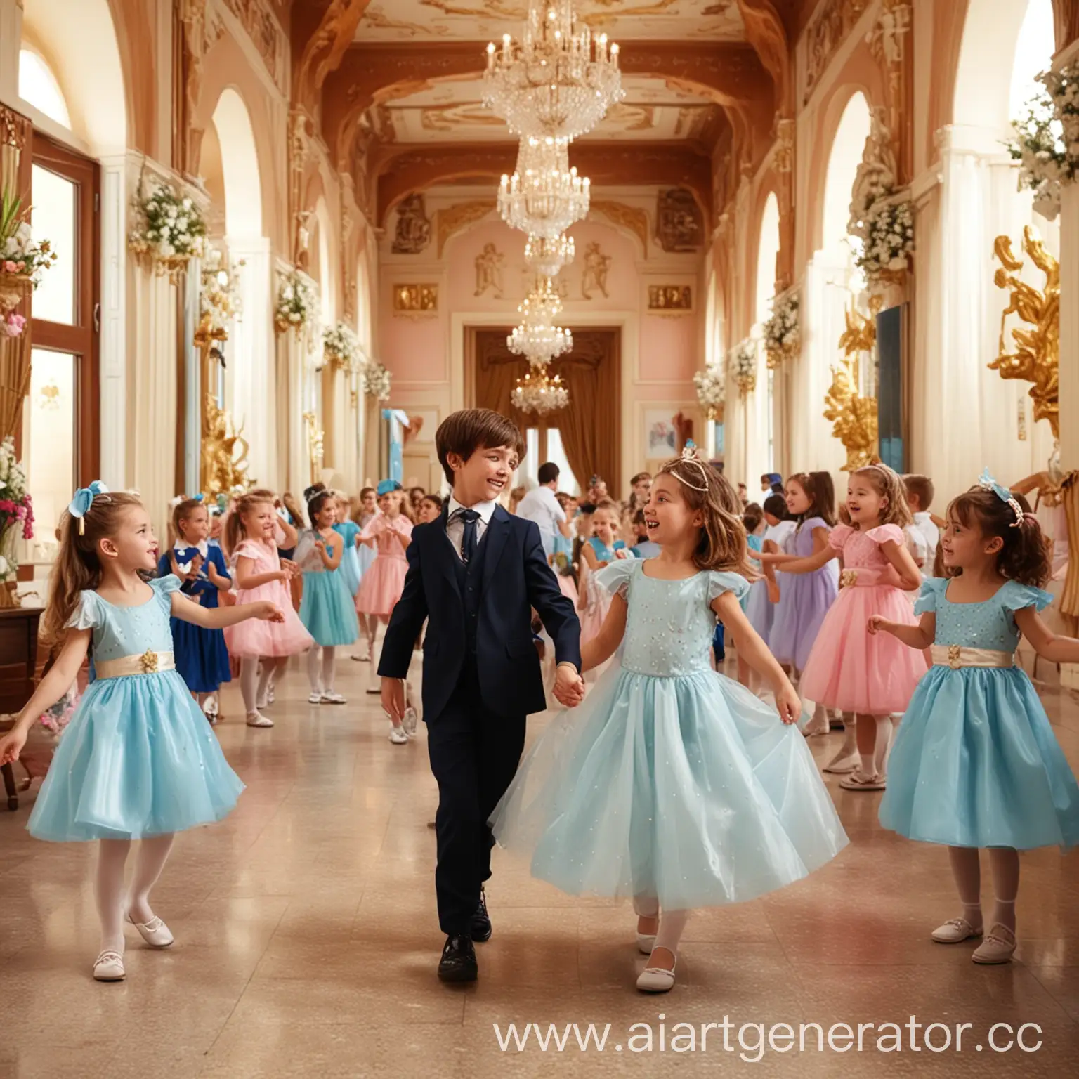 выпускной в детском саду девочки танцуют с мальчиками девочки в пышных платьях в украшенном зале