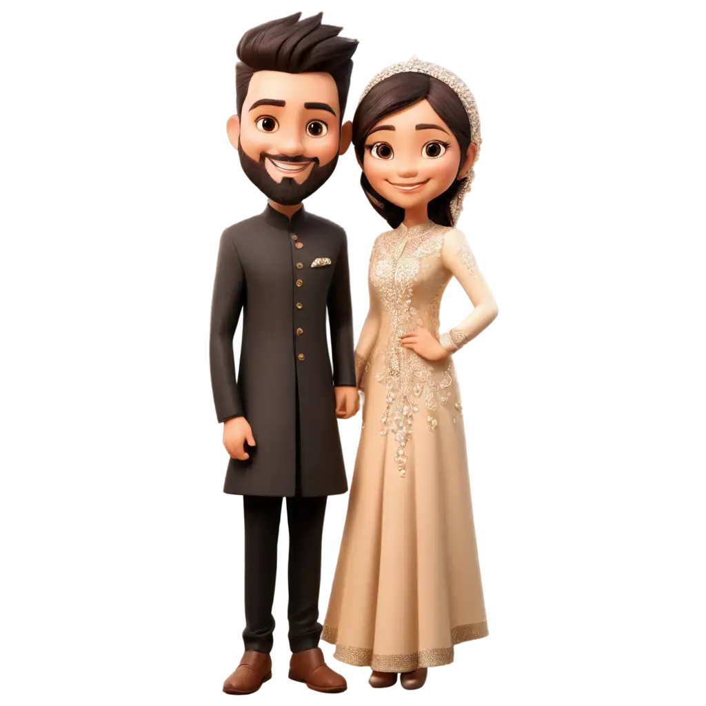 Captivating-PNG-Image-Cute-Muslim-Engagement-Caricature-of-Groom-in-IndoWestern-Dress-and-Bride-in-Gown