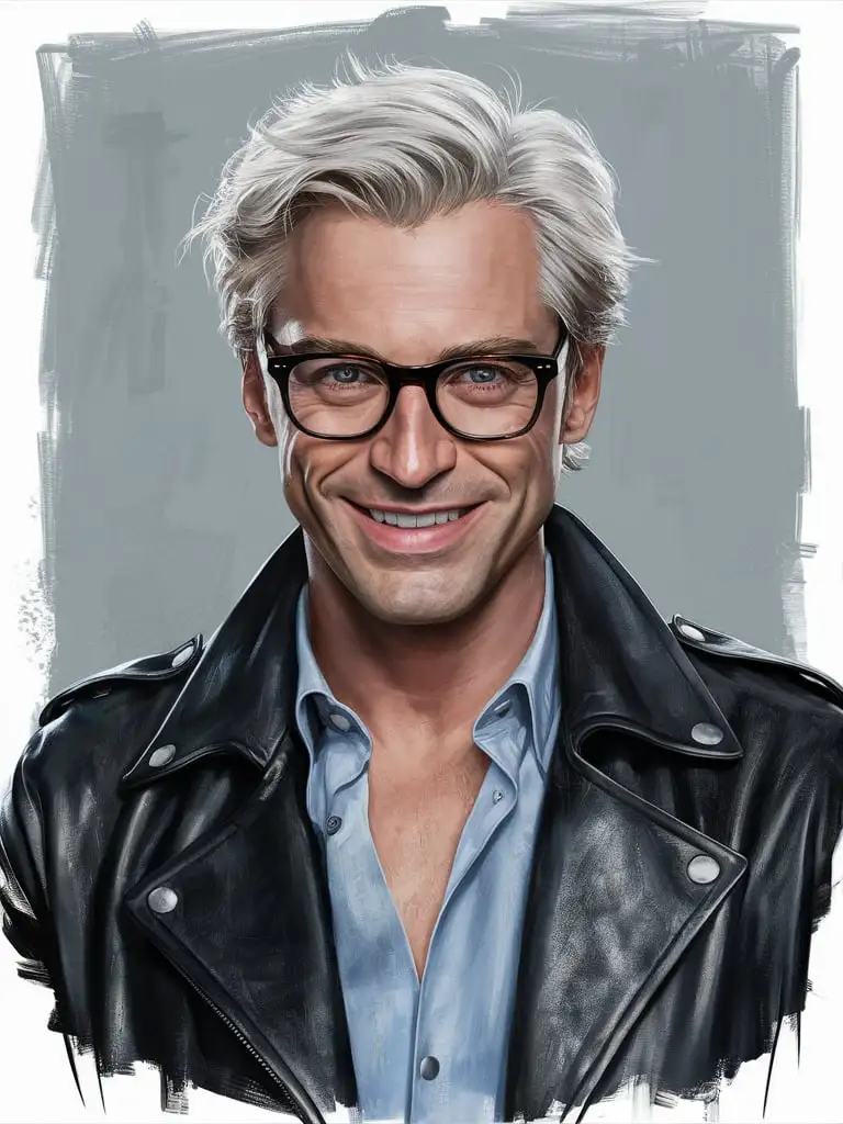Handsome british man, realistic portrait, loose painterly style, simple abstract background, white blonde hair, blue eyes, glasses, leather jacket, mid-30s