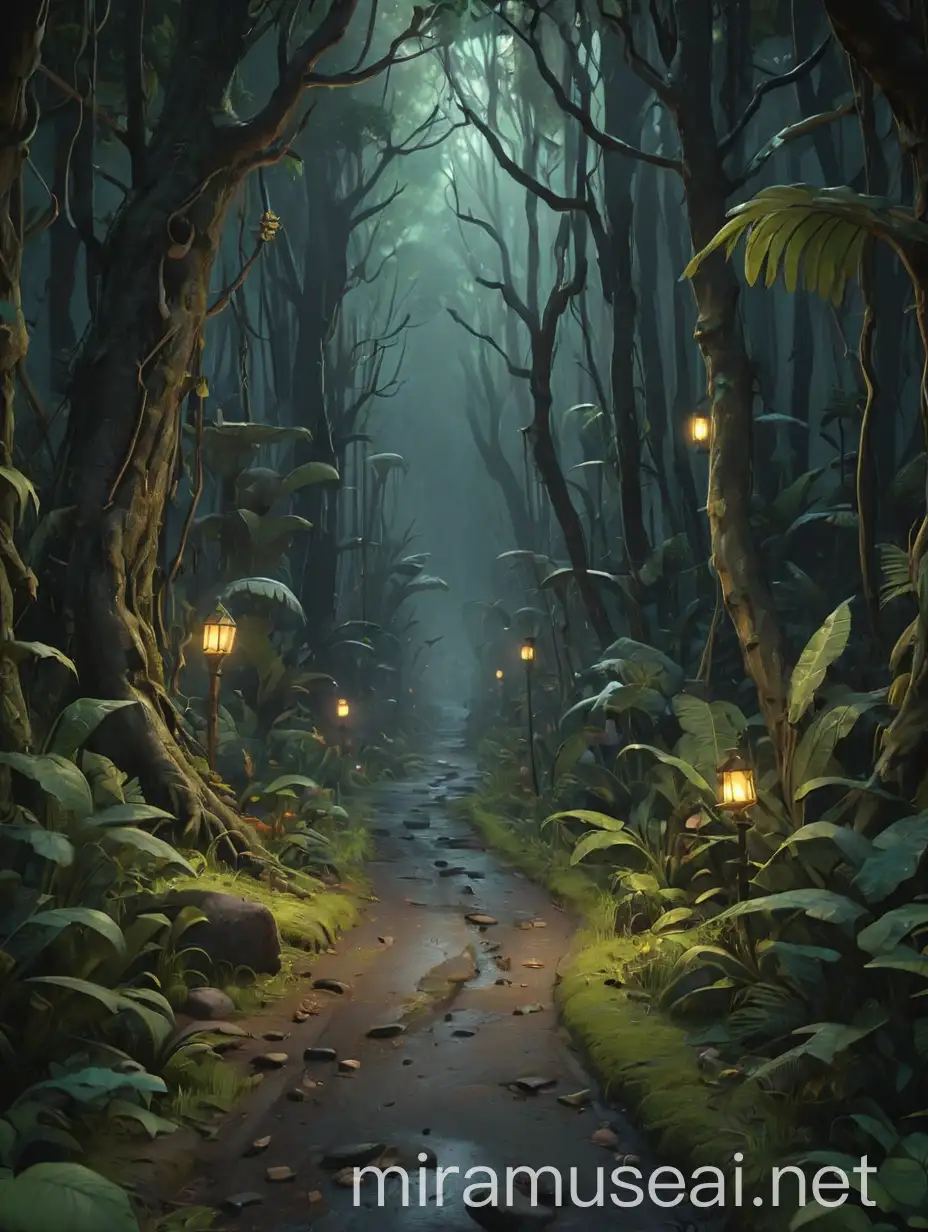 3d render of a dark jungle with a road, Hansel and Gretel book story style, Pixar and fantasy painting style, very details, high quality