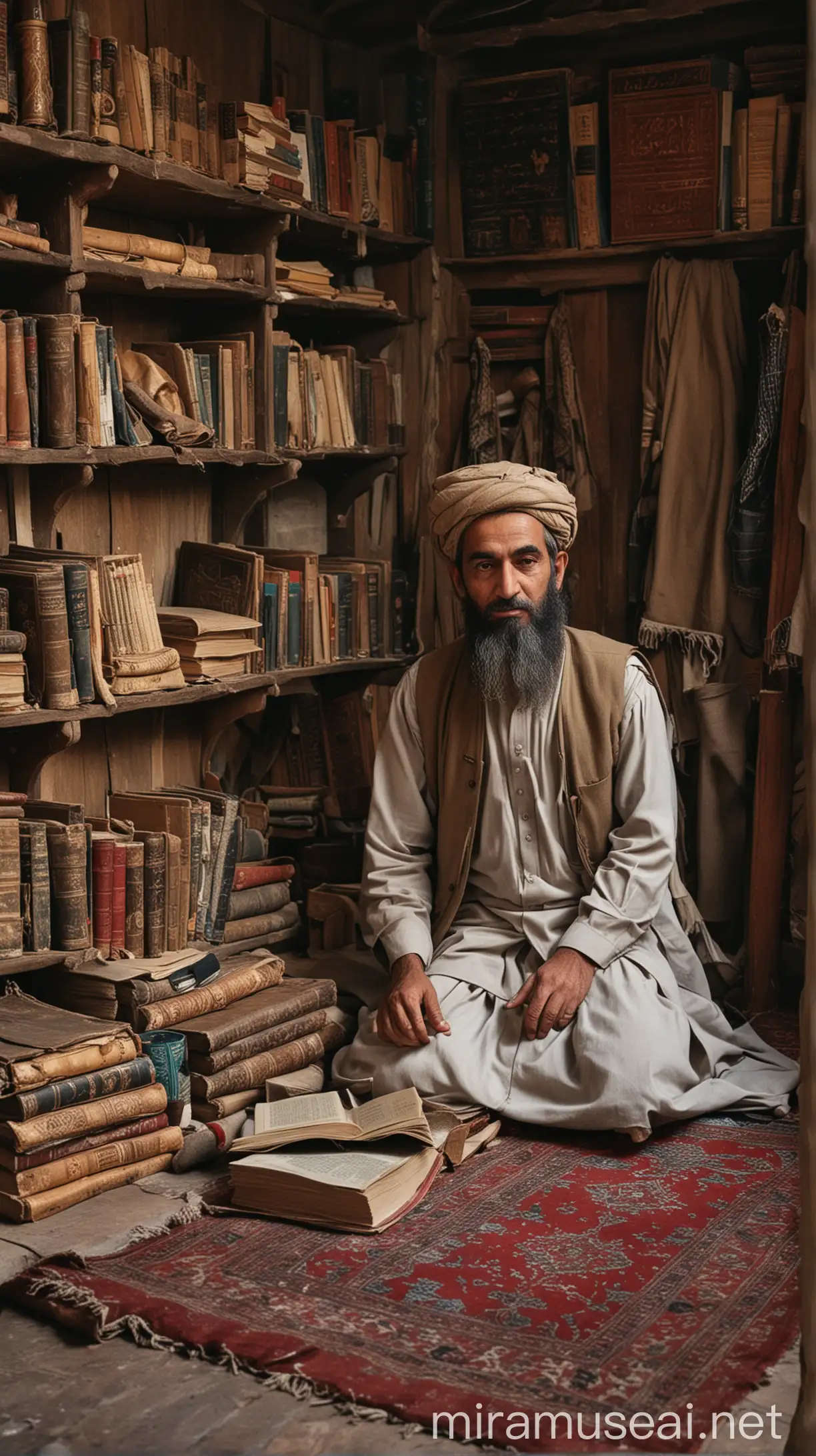 Inside an old lodge, Sheikh Abdul Qadir Gilani sits in a modest and serene environment. Around him are authentic items and shelves filled with old books. In front of him, a man dressed in worn-out clothes is kneeling and speaking.
