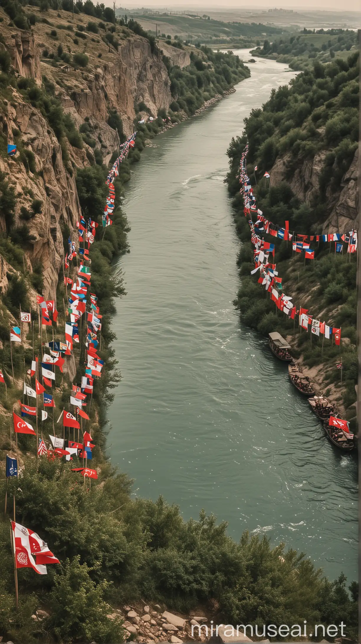 A view of the Purut River, squeezed between the flags of the Ottoman and Russian empires.
