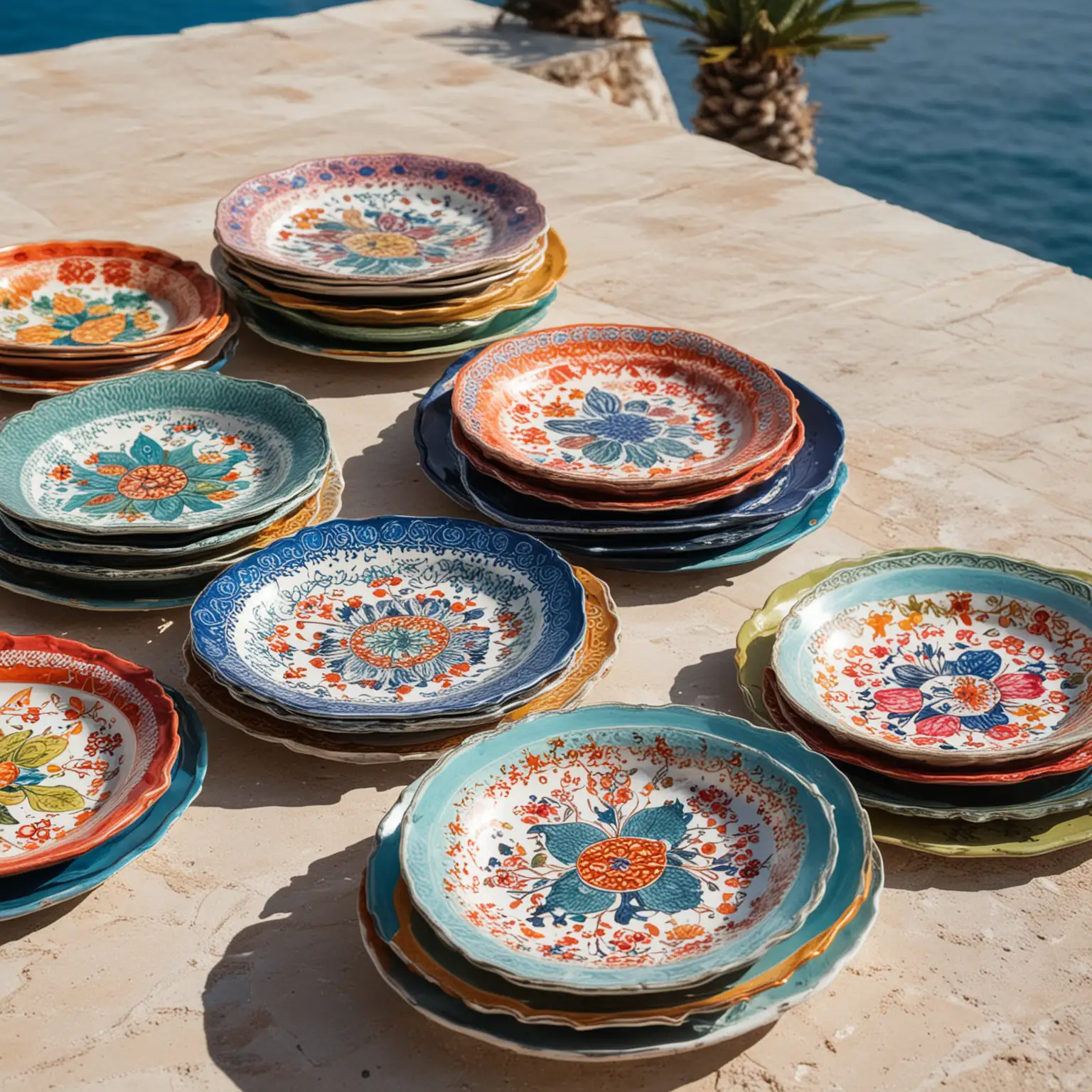 a luxury Villa in the Meditteranean Sea showing a close up of 6 colourful plates