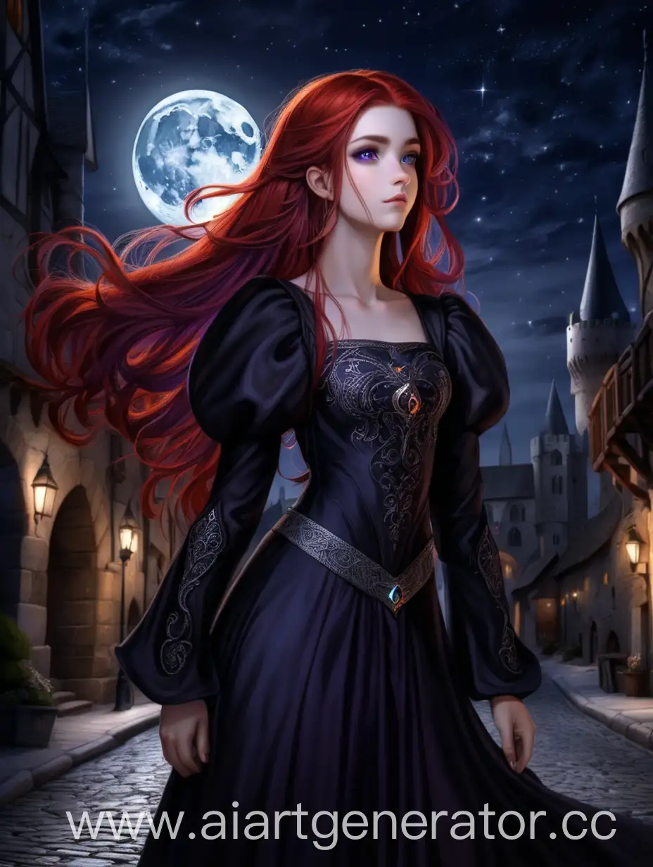 Средневековье, девушка, ярко-красные волосы, фиолетовые глаза, стоит в черном средневековом платье, стоит на улице, ночь, темно, луна, звезды, ветер развивает волосы