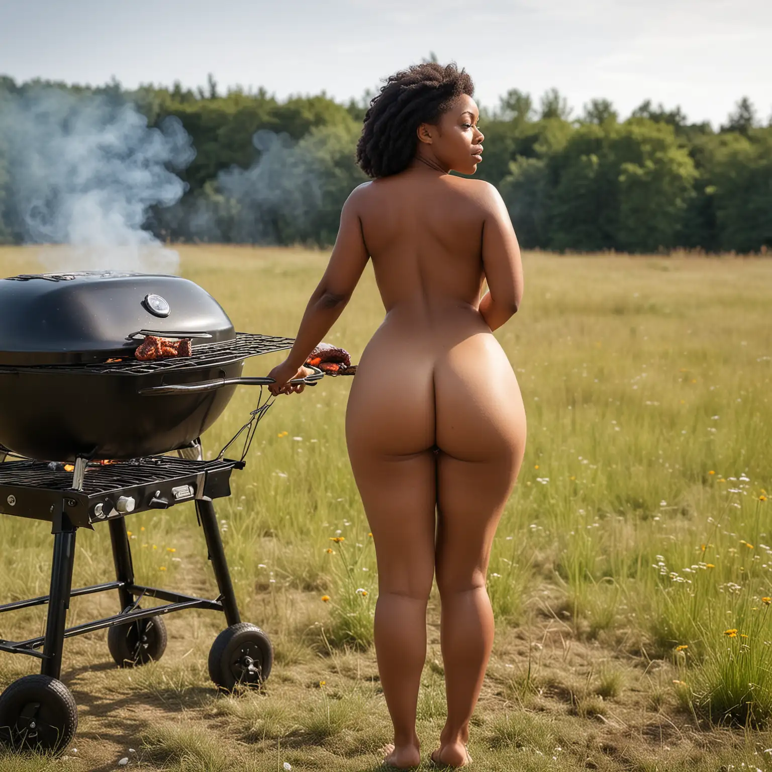 Totally nude, large breasted, bubble butt, black female standing near a very large barbecue grill in a meadow 