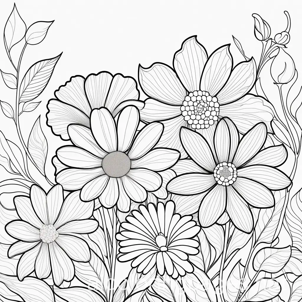 Flowers, Coloring Page, black and white, line art, white background, Simplicity, Ample White Space.