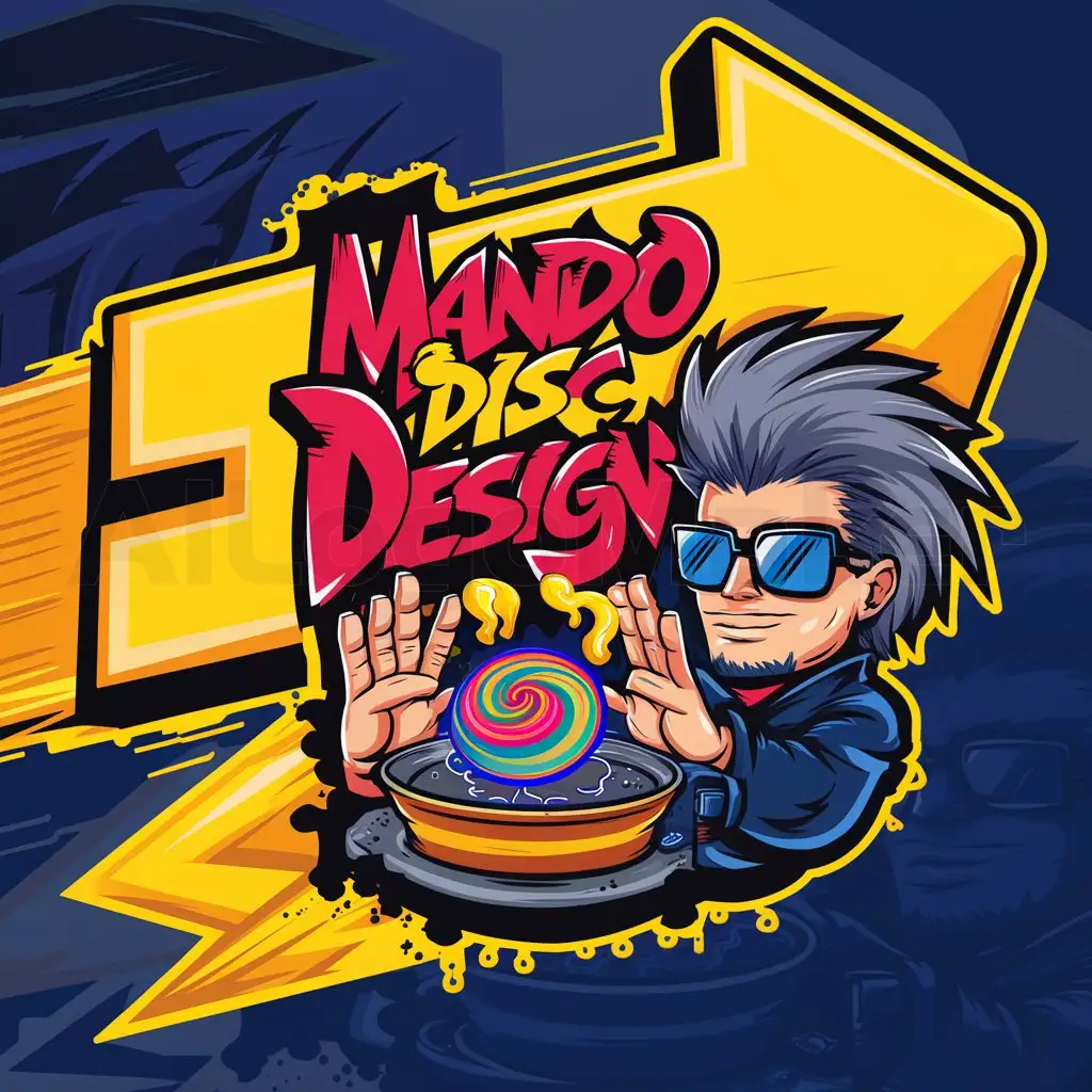 a logo design,with the text "Mando Disc Design", main symbol:Bright deep splashy colors, edgy trendy graffiti alchemy style design and text, a  alchemist character with shades, no beard and graying dark brown spiky hair casting spells with his hands to conjure a swirly colored frisbee to rise out of a chemical tray and glide skyward. The background is a very very wide thick 3D yellow arrow inspired by street signs.,complex,clear background
