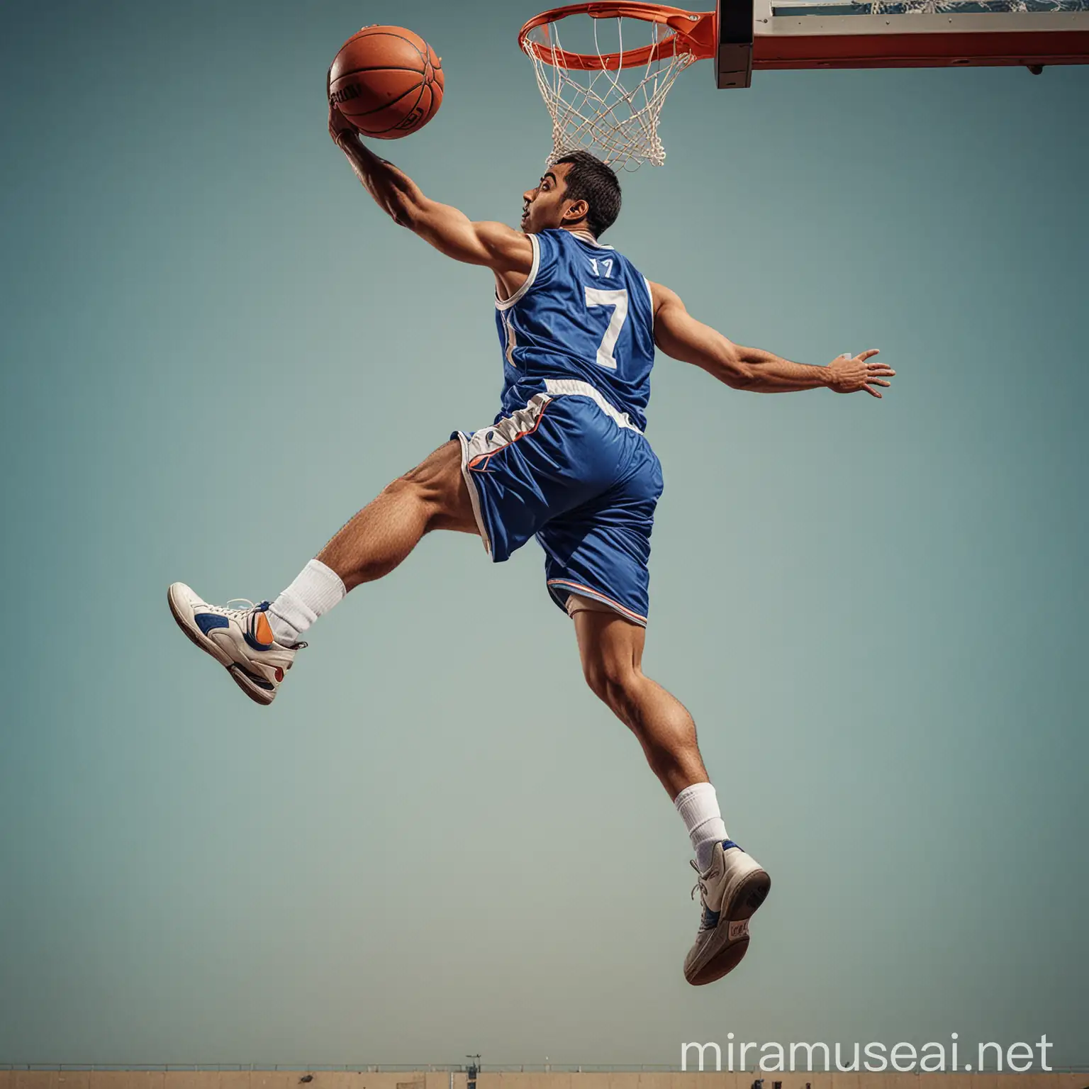 Dynamic Slam Dunk Action Basketball Player GHOSN Soars in Blue Jersey
